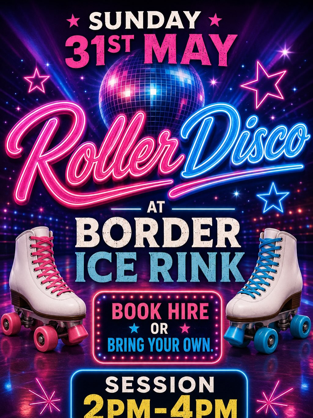 ๐ผโจ ROLLERDISCO IS BACK! โจ๐ผ
Join us on Sunday 31st May at Border Ice Rink for an afternoon of music, skating and disco fun! ๐ถ๐๐บ
๐ผ RollerDisco
๐ Border Ice Rink
โฐ Session: 2PM โ 4PM
๐๏ธ Book hire available or bring your own skates
โ Cafรฉ Open
Bring your friends and family for a fun-filled afternoon on wheels! ๐
#RollerDisco #BorderIceRink #Kelso #SkatingFun #FamilyFun DiscoVibes