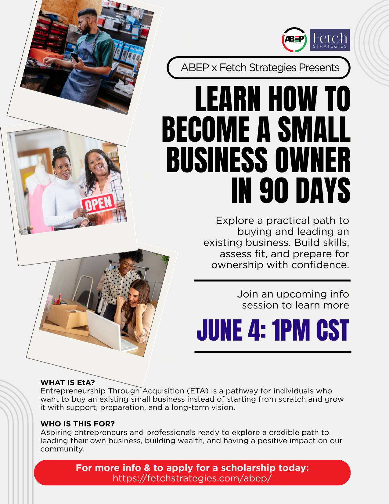 Business ownership may be closer than you think.
Join ABEP and Fetch Strategies TOMORROW, June 4, to learn how acquiring an existing small business can be a path to entrepreneurship.
Explore the process, scholarship opportunities, and what it takes to become an owner.
Register today and take the first step toward ownership. For more information https://luma.com/nnpo1xae