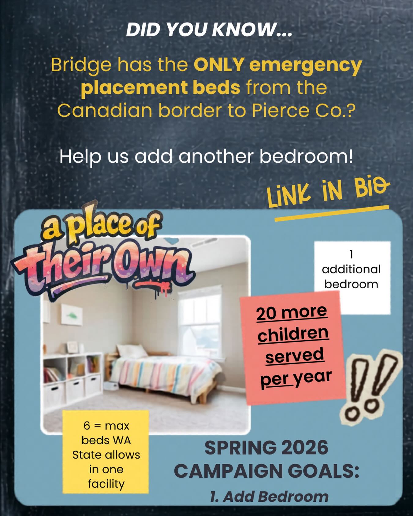 Today is the day! The last day of our Spring Campaign…
Your chance to do good for some really courageous and resilient children who have had a whole lot of “not good” done to them.
Give today and you will be brightening their tomorrow’s….showing them how many people DO care.
The link is in our profile.
https://bridgereceivingcenter.org/donate