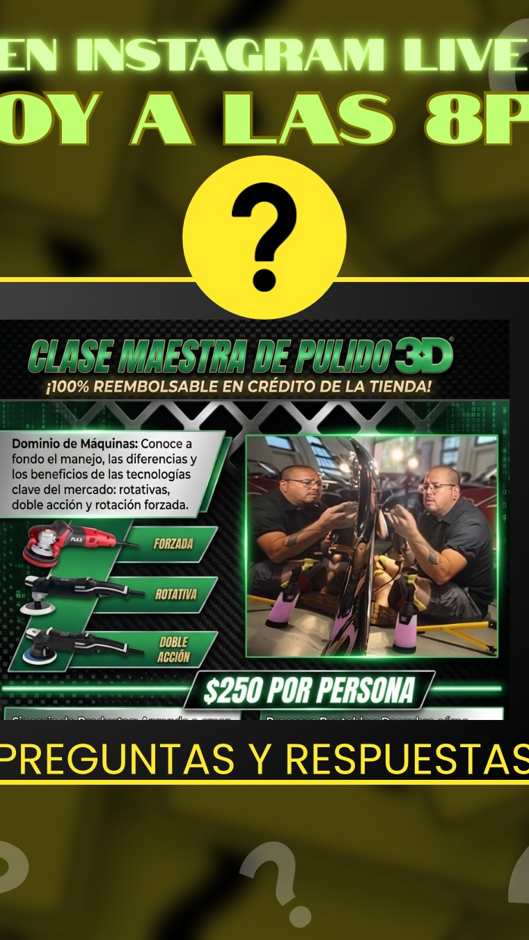 Éste video está dando información acerca de la clase que estamos ofreciendo de parte de 3D. Qué es la clase maestra de Pulido de 3D.
Esta clase está a $250 por persona. Hay límite de cinco personas por clase. Lo que eso quiere decir es que cuando se apunte cinco personas empieza una clase cuando se apunten otras cinco personas se empieza otra clase.
El cobro de la clase es $250, pero van a recibir $100 de crédito en la tienda para poder comprárselo que ustedes quieren productos esponjas máquinas lo que sea.
Le estamos dando de regreso a la comunidad que nos ha soportado aquí en la tienda Ali y su familia le agradecen por todo y vamos a tener muchos más eventos.
Si tienen algunas preguntas, por favor mándeme mensaje o llamen a las tiendas de 3D que están abajo y pregúntale lo que quieran.
Aquí los esperamos en las clases
@3dproductsofvannuys
@3dofcomptonlongbeach
@3dofwoodlandhills