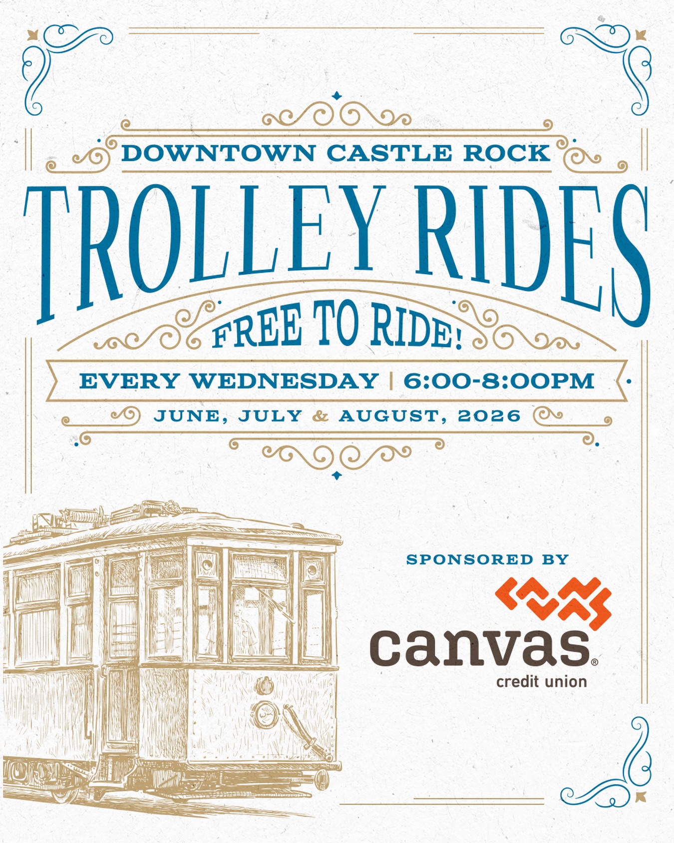 Are you catching free trolley rides around Downtown Castle Rock this summer? 🚎
Catch the town trolley every Wednesday, June through August, 6-8pm, making loops through downtown!
Catch a ride from north to south (or south to north) at three pickup/drop-off locations:
1️⃣ Encore Parking Garage, South Street Entrance
2️⃣ Third Street, between Wilcox and Perry, at the crosswalk
3️⃣ DCSD Parking Lot, on 6th Street
Thank you to Canvas Credit Union for sponsoring these summertime rides! ☀️
#downtowncastlerock #summerincastlerock #castlerockcolorado