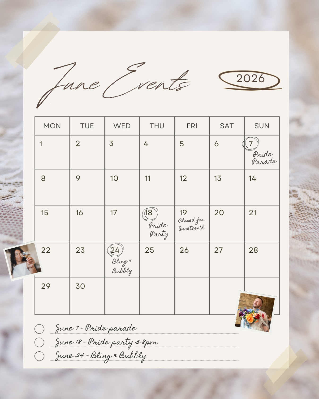 Loving out loud ALL MONTH LONG ❤️🧡💛💚🩵💜
Our June calendar is full of celebrating and we want you there right along with us!!
🌈June 7 - Pride Parade | our team will be walking in the annual Pride parade, catch our float!
🎉June 18 - Pride Party | back and better than ever! Get tickets now, RSVP at the link in our bio. All proceeds to @courageplus_org 🫶🏼🫶🏽🫶🏾
💍June 24 - Bling & Bubbly | shop for all those finishing touches to complete your wedding day look!