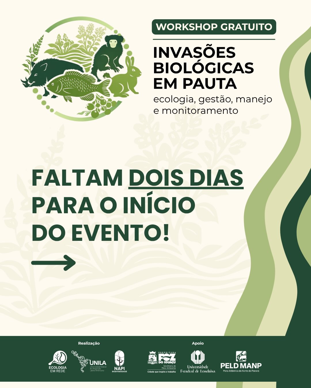 ⏳ Faltam apenas 2 dias para o Workshop Invasões Biológicas em Pauta: Ecologia, Gestão, Manejo e Monitoramento! 🌿🌎
O evento acontecerá no Centro de Educação Ambiental Iguaçu (CEAI), localizado no antigo Bosque Guarani 📍
📌 Av. República Argentina, 531 – Centro, Foz do Iguaçu – PR
Prepare-se para um dia de muito aprendizado, troca de experiências e discussões sobre um dos grandes desafios para a conservação da biodiversidade!
💧 Leve sua garrafinha de água
👕 Venha com roupas confortáveis
Em caso de dúvidas sobre o evento,
entre em contato pelo e-mail:
📩 plantasinvasorasunila@gmail.com
Nos vemos em breve! 💚