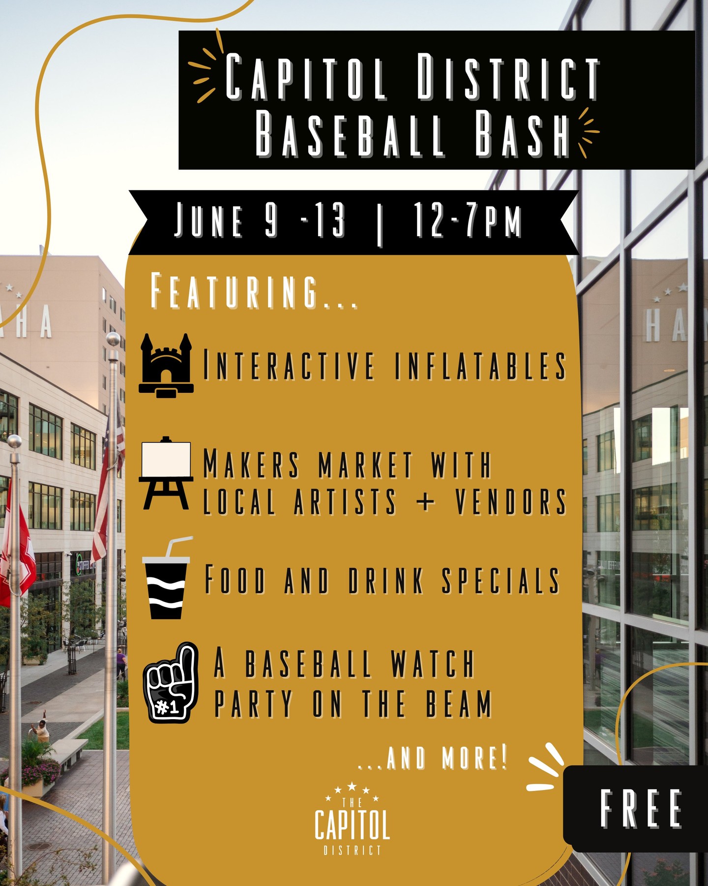 Baseball week just got a whole lot more fun โพ Bring the family to the Capitol District for inflatables, games, local vendors, and live watch parties on The Beam! Itโs the perfect place to play, relax, and grab a bite between activities.
While you're out and about, be sure to check out the Omaha SlumpBuster tournament and festival night happening across the city, too (hosted by Triple Crown Sports). Thereโs plenty of baseball fun to go around!
@tcsports
๐ Capitol District Plaza
๐๏ธFree and family-friendly
๐ June 9โ13 | 12โ7 PM daily
More details on our website (link in bio!)