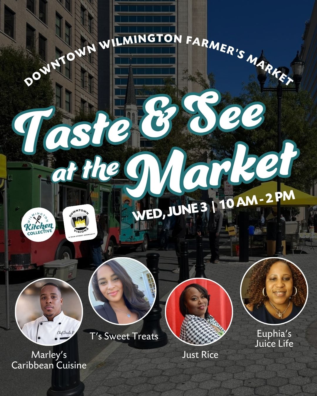 Catch us tomorrow, June 3, at the Downtown Farmers Market at Rodney Square!
This week's WKC lineup is...
🍗 @Marleys_Caribbean_Cuisine
🧁 @TSweetTreats20
🍚 @JustRice302
🥤 @EuphiasJuiceLife
Grab a mouth-watering lunch and dessert, plus a thirst-quenching drink from our entrepreneurs and #SupportSmallBusiness!
#WilmingtonDE #WKC #WilmingtonKitchenCollective #TheCollectiveWKC