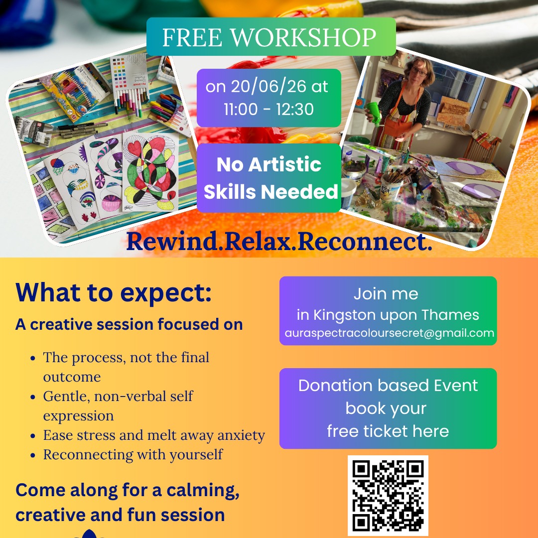 A gentle, creative space to unwind and reconnect.
I’m running another Free Mindful Art Workshop in June for anyone who couldn’t join in May.
Everyone is welcome, and donations are appreciated to support future community events.
Mindful Art is a soft, non verbal way to express yourself — no pressure and no art skills needed.
It helps you relax, ease anxiety, think outside the box, reconnect with your true self, and make clearer decisions.
✨ Register here to secure your slot: www.auraspectra.co.uk/event-list
#MindfulArtWorkshop
#CreativeWellbeing
#StressReliefThroughArt
#CommunityWellbeing
#Whatsonkingston