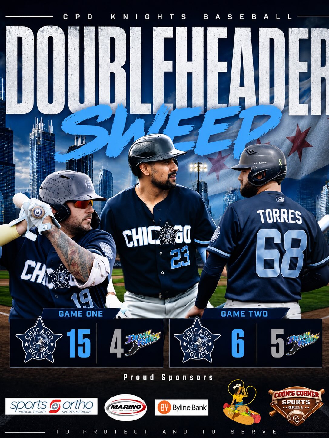 DOUBLEHEADER SWEEP! ⚾️💙
It was a long day at the ballpark, but your Chicago Police Knights showed their resilience, grit, and determination, completing a two game sweep of the Chicago Devil Rays Baseball Club.
The Knights got the job done with timely hitting, outstanding pitching, and a never quit mentality from start to finish.
🔥 Sgt. Barrera delivered a huge performance in Game One, throwing a complete game while going 7 innings, allowing just 3 earned runs, and striking out 7.
🔥 Det. Ben Rietz was dominant in Game Two, tossing 5 shutout innings, allowing only 2 hits while striking out 11 batters, keeping the Devil Rays offense off balance all afternoon.
The day’s biggest moment came in Game Two when Ofc. A. Cintron stepped to the plate and delivered a walk off line drive to right field, driving in Ofc. C. Collum for the game winning run and sending the Knights home with a sweep.
This season has been far from easy for your Boys in Blue. Injuries, inconsistent availability, demanding work schedules, and other challenges have tested this team week after week. Yet through every obstacle, the Knights continue to show up, battle, and represent the badge with pride.
A sweep won’t define the season, but it is a reminder of what this team is capable of when everyone comes together and competes as one.
Final Results
⚔️ Game 1: CPD Knights 15 – Devil Rays 4
⚔️ Game 2: CPD Knights 6 – Devil Rays 5
Bigger Than Baseball. 💙⚾️
#CPDKnights #BoysInBlue #PoliceBaseball #DoubleheaderSweep #BiggerThanBaseball ChicagoPoliceKnights TeamFirst WalkOffWin ChampionshipCulture