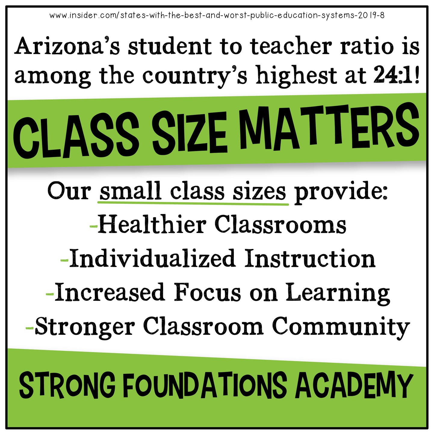 Size matters when it comes to class size and student learning. At Strong Foundations Academy, small class sizes and individualized instruction from a certified teacher and reading specialist set us apart from other schools.
We invite you to book a private tour so we can explain how our academy can give your child THE BEST start on their educational journey.
Visit StrongFoundationsAZ.com to take a virtual tour, schedule an in person tour, or learn more about our certified teachers and reading specialists.
#ChandlerMoms #GilbertMoms #EastValleyMoms #ChandlerAz #AzKids #StrongFoundationsAcademy #ChandlerKids #GilbertKids #ArizonaKids