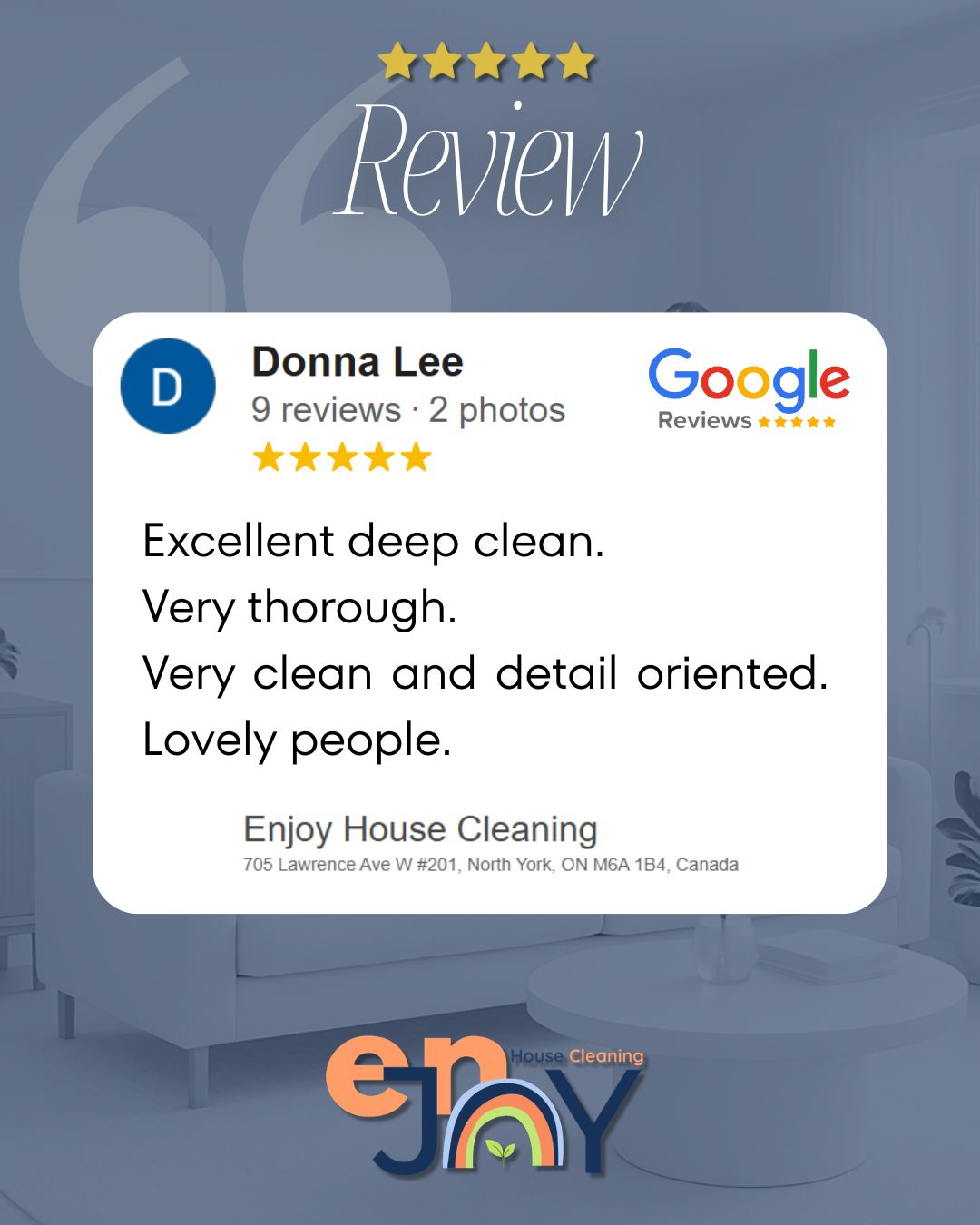 At Enjoy House Cleaning, we believe that a great cleaning service is about more than just cleaning! It’s about attention to detail, consistency, and treating every home with care.
Thank you for trusting our team with your home! 🏡✨
📍 Serving Toronto & the GTA
🧼 Deep Cleaning | Recurring Cleaning | Move-In/Out | Post-Construction | Commercial Cleaning
#EnjoyHouseCleaning #DeepCleaning #TorontoCleaning #HouseCleaning #CleanHome #ProfessionalCleaning #TorontoGTA #CleaningService #HappyCustomer #FiveStarReview