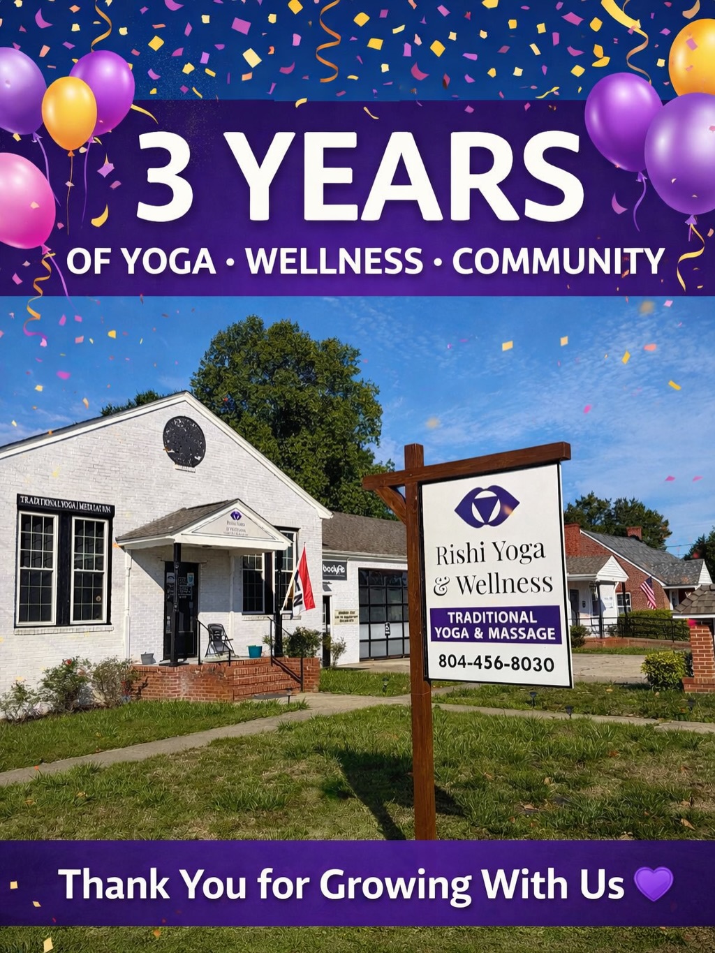 Celebrating 3 Years!! 🎉 Carried by the Faith and Blessings of Bhagwan Shiva 🔱 On June 1st, 2023 we opened our studio in White Stone, VA at 578 Chesapeake Drive. THANK YOU 🙏🏻🙏🏽 The last 3 years has shown us SO much and we are more ready than ever to continue this path of Transformation & Wellness for our community, ourselves & the Divine art of Yogic Science 🕉✨ To Ramona Darden of BodyFit, the Town of White Stone, our Families, & most of all each one of our Students & Clients we can’t do it without you. Our gratitude is immeasurable 🥹
-
Our commitments & intentions remain steady. Every day we show up to the Studio:
-
🧘🏾 To serve traditional Yoga safely & precisely. Helping our students individually find more clarity, joy, and holistic health.
🧰 To not only guide but to teach. To open up the Yogic toolbox and bring the opportunity for our students to grow and learn for a lifetime.
🌱 To facilitate a sustainable practice that is simple, effective, and aimed at real time results now, but more importantly for longevity.
-
By the way, let’s hear it for Roxy at Kilmarnock Lettering Company who absolutely rocked this sign for us!!
-
Reminder Upcoming Event 📣 International Yoga Day & Summer Solstice ☀️ 4th Annual Free Community Yoga 📍 Kilmarnock Town Center Park 🗓️ June 21st 4pm! New & Regular Students welcome, All-Levels!
-
#NorthernNeckVA #yogaevent #businessanniversary #supportlocal #nnkva