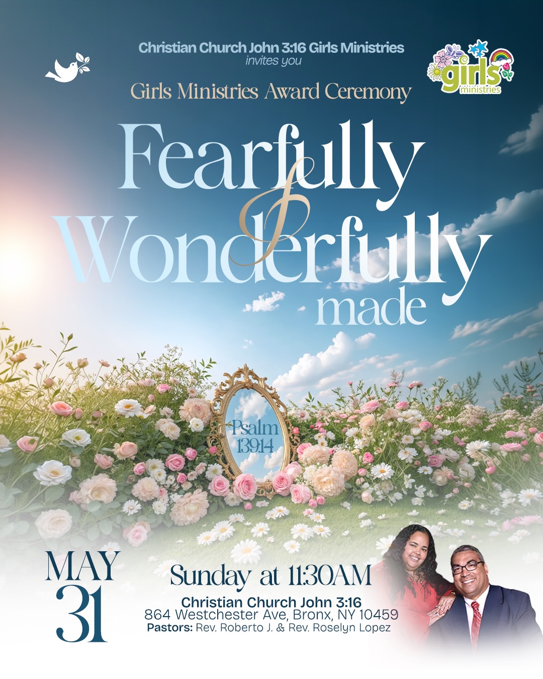 🌸 You are invited this Sunday to our Girls Ministries Award Ceremony!
Theme: ”Fearfully and Wonderfully Made” 💖
⏰ Service starts at 11:30 AM
Come celebrate and support our girls as we recognize their achievements. Don’t miss this special occasion!
🌸 ¡Estás cordialmente invitado(a) este domingo a nuestra Ceremonia de Premiación de Girls Ministries!
Tema: ”Hecha de manera admirable y maravillosa” 💖
⏰ El servicio comienza a las 11:30 AM
Ven a celebrar y apoyar a nuestras niñas mientras reconocemos sus logros. ¡No te pierdas esta ocasión tan especial!