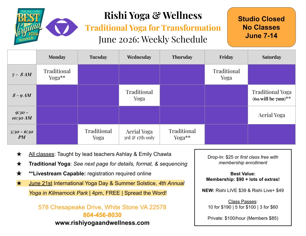 Making wellness a summer priority?? We are here to support you! Even once a week can make an impact. Start today, come exactly as you are 💜🕉✨ NEW Virtual/Livestream services mean even if you’re just visiting or enjoying some time off, you can continue your practice when things get busy, from ANYWHERE!📍White Stone, VA 📲 804-456-8030 🌐 rishiyogaandwellness.com #nnkva #northernneckva #livestreamyoga #traditionalyoga