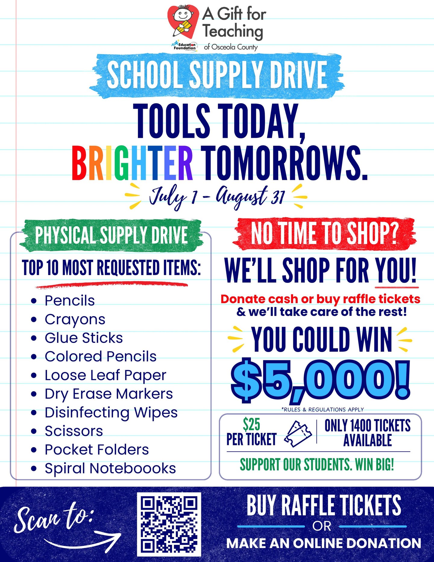 A new school year is just around the corner, and you can help local students start strong.
The Education Foundation of Osceola County's School Supply Drive officially runs July 1–August 31, but donations are being accepted now. Every contribution helps provide backpacks, notebooks, pencils, and other essential supplies to students who need them most.
Donate today and help set Osceola County students up for success this school year.
https://go.rallyup.com/ssd2026
#EducationFoundationOsceola #SchoolSupplyDrive #ToolsForSuccess #OsceolaCounty #SupportStudents