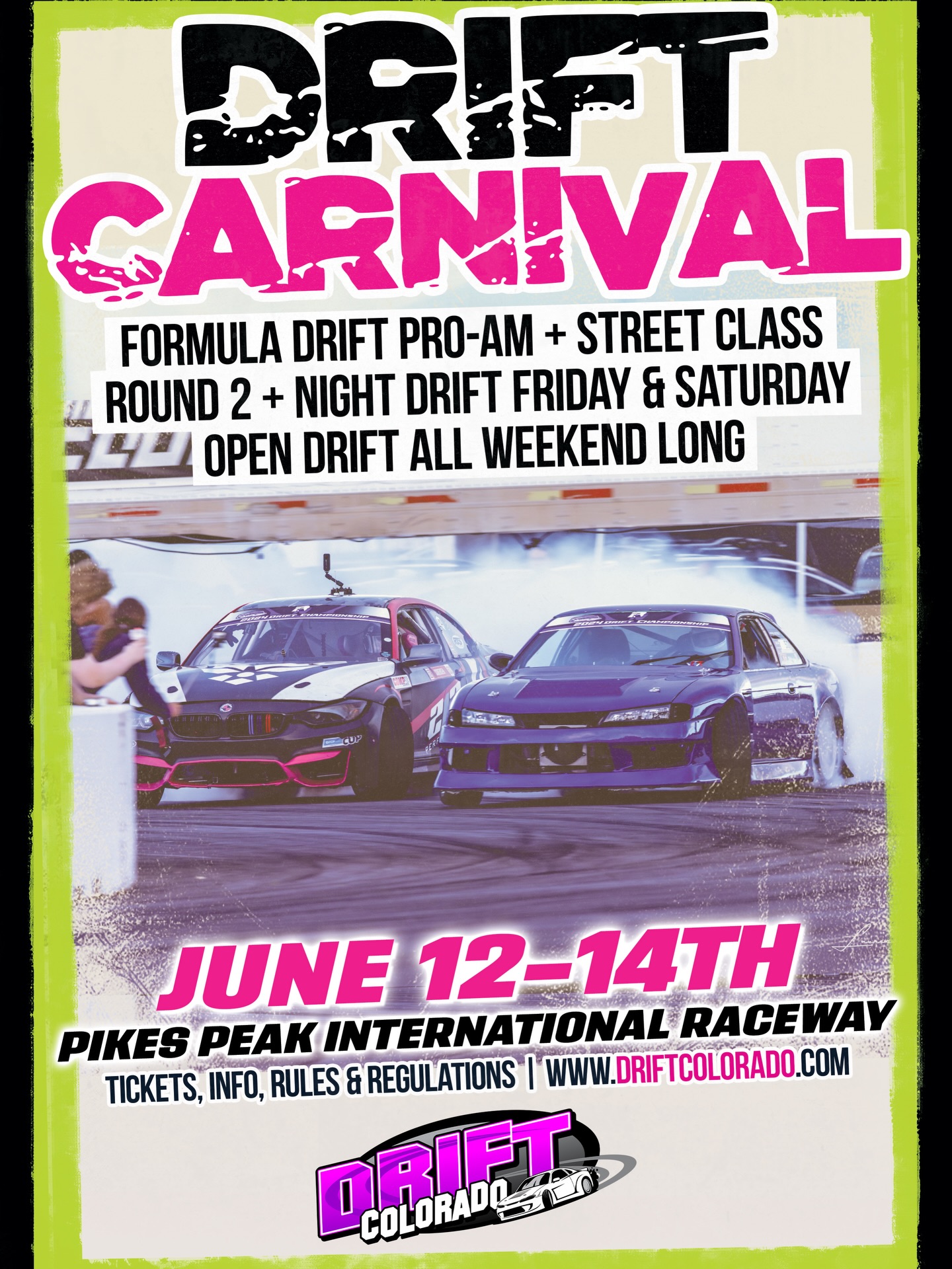 ✨DRIFT CARNIVAL 2026 TICKETS ARE LIVE!✨
The last Drift Carnival at Pikes Peak International Raceway… 🥲
WHEN: June 12-14
WHERE: @ppir
This is the best event of the year for driving, with the most seat time! Night drifting under the illuminated trailer bridge, drift games Sunday, and more! Don’t miss out on the best of the action on Saturday, where you can catch Round 2 of @formulad ProAm and Drift Colorado’s Street Class Championship Series.
We will have three different layouts, including the donut box, so this event is perfect for all skill levels.
This is the last Drift Carnival at Pikes Peak International Raceway before the track closes at the end of the year. Don’t miss this epic event!
Get your DRIVER, SPECTATOR AND MEDIA TICKETS: DriftColorado.com
#driftcolorado #formuladriftproam #ppir #drifting #motorsportsfestival
