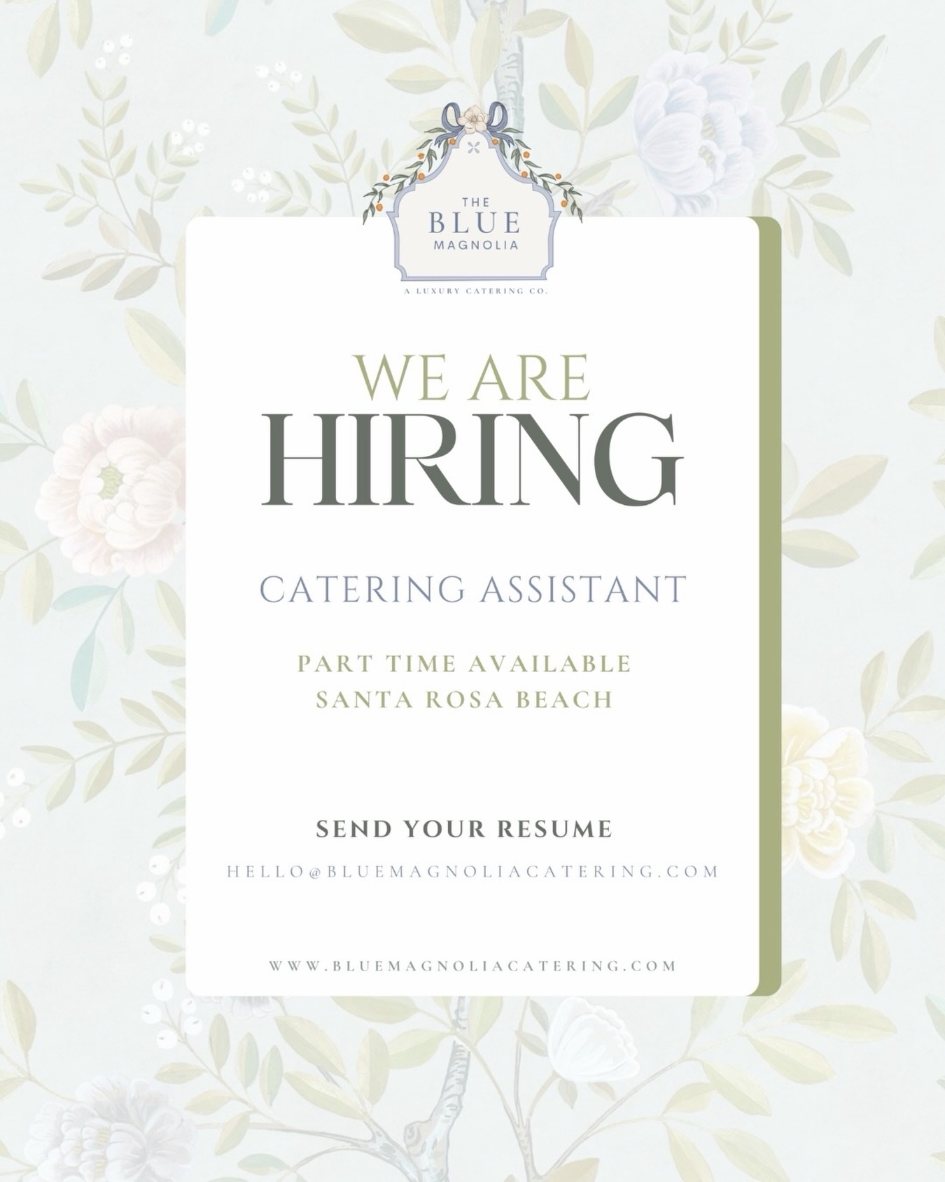 We’re looking for two Catering Assistants to join our growing team!
⠀⠀⠀⠀⠀⠀⠀⠀⠀
This position is perfect for someone who enjoys working in a fast-paced environment, takes pride in creating beautiful food presentations, and wants to be part of a growing small local business. No two days are the same at Blue Magnolia from preparing delivery orders and grazing tables to assisting with catering events and kitchen production.
⠀⠀⠀⠀⠀⠀⠀⠀⠀
Position Details:
⠀⠀⠀⠀⠀⠀⠀⠀⠀
• Part-time (15–25 hours per week)
• Flexible schedule
• Some early mornings, evenings, and Saturdays may be required depending on events
• Located in Santa Rosa Beach
⠀⠀⠀⠀⠀⠀⠀⠀⠀
This role is a great fit for:
⠀⠀⠀⠀⠀⠀⠀⠀⠀
• High school or college students looking for summer or year-round work
• Someone seeking flexible part-time hours
• Individuals interested in the food, hospitality, or catering industry
• Anyone looking to grow with a local business long-term
⠀⠀⠀⠀⠀⠀⠀⠀⠀
We’re looking for someone who is:
⠀⠀⠀⠀⠀⠀⠀⠀⠀
• Dependable, punctual, and hardworking
• Detail-oriented and organized
• Comfortable working in a fast-paced kitchen environment
• Creative and takes pride in presentation
• Willing to learn and takes initiative - self motivated
• A positive team player with a great attitude
• Must have their own transportation
⠀⠀⠀⠀⠀⠀⠀⠀⠀
Experience is not required. We can teach the skills - we’re looking for someone with a strong work ethic, a willingness to learn, and a passion for helping create memorable experiences for our clients.
⠀⠀⠀⠀⠀⠀⠀⠀⠀
To apply, please send your resume and a brief introduction about yourself to hello@bluemagnoliacatering.com.
⠀⠀⠀⠀⠀⠀⠀⠀⠀
We can’t wait to meet you!