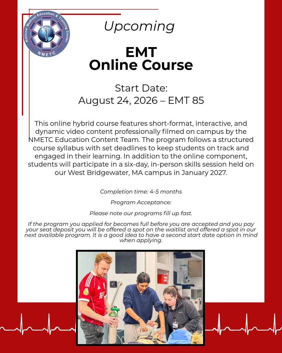 Do you want to become an EMT? Consider applying for our next EMT course starting August 24, 2026. Applications can be found at our website, www.nmetc.com
#NMETC #FirstResponders #EMS #EmergencyMedicalservices