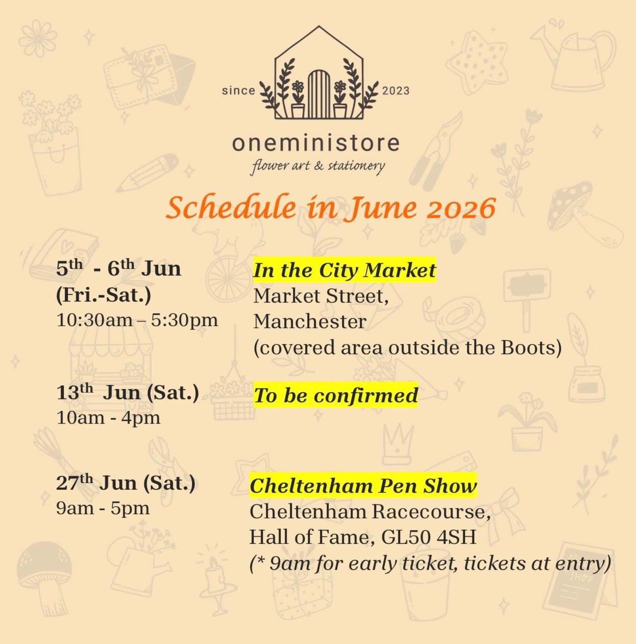 𝐍𝐞𝐰𝐥𝐲 𝐚𝐝𝐝𝐞𝐝: 𝐀𝐥𝐭𝐫𝐢𝐧𝐜𝐡𝐚𝐦 𝐌𝐚𝐫𝐤𝐞𝐭, 𝟏𝟑/𝟔/𝟐𝟎𝟐𝟔
🎏Market Schedule, Jun 2026
The weather has been lovely lately, so
𝗼𝗻𝗲𝗺𝗶𝗻𝗶𝘀𝘁𝗼𝗿𝗲 is hoping to make time to join markets and see you in person as often as possible, aiming for around three weekends where we can. That said, balancing work and family, along with waiting for venue arrangements, means we may not always be able to confirm dates too far in advance. Thank you very much for all your patience 🙏🏻
We have been busy heading into June, and we are really happy that this Friday and Saturday we will once again be setting up a stall on Market Street in Manchester city centre. Market Street gives us more space, so we can bring along the widest range of stationery. If you are thinking of coming to browse, this Friday and Saturday will likely be the most exciting selection to see. Over the past few days we have also been unpacking new arrivals from Japan, and we hope to bring some of these to our June markets and upload them to the online shop very soon.
Towards the end of June, we will be taking part in the Cheltenham Pen Show for the first time. We will continue working hard to bring Japanese stationery to different places, and for the pen show we will be preparing even more brand new notebooks and writing paper from Japan, especially suited for fountain pen users who appreciate a refined writing experience.
We will share our June schedule soon, so please stay tuned.
See you all very soon!
@ukpenshows @manchestercitycouncil
#oneministore #mobilestationeryshop #stationeryshopinuk #manchester #japan