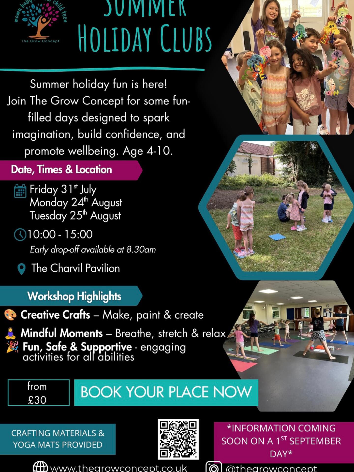 ☀️ Summer Holiday Clubs at The Grow Concept ☀️
Looking for fun, creative childcare this summer? Join us for our Summer Holiday Clubs, designed for children aged 4–10 years, with a mix of yoga, crafts, movement and mindful fun 🌈
Children will enjoy playful yoga sessions to build confidence, movement and relaxation, alongside creative crafts and hands-on activities to spark imagination and keep little minds busy throughout the day.
📍 The Charvil Pavilion
🕙 10am–3pm
⏰ Optional early drop-off from 8:30am
💷 Prices from £30
Dates:
📅 Friday 31st July
📅 Monday 24th August
📅 Tuesday 25th August
Book individual days or save with a discounted rate when booking both August dates ✨
For peace of mind, all helpers are DBS checked, and the club leader holds a first aid qualification.
Spaces are limited – get in touch to book your child’s place 💛
#SummerHolidayClub #KidsYoga #Charvil #HolidayClub #KidsActivities TheGrowConcept