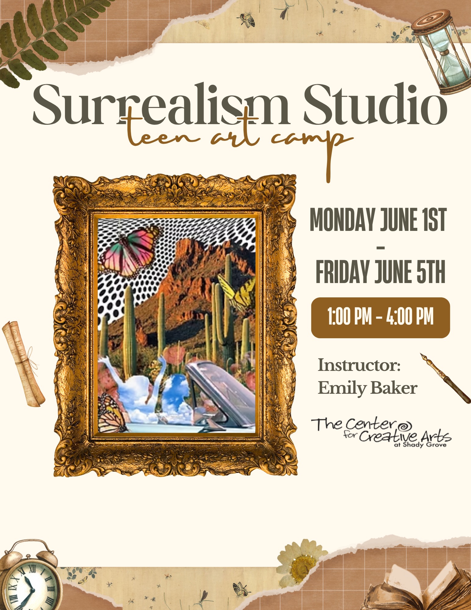 This week is our first session of Teens and Tweens Art Camp: Surrealism Studio!
In our Surrealism Studio Camp, artists will create double-exposure colored pencil drawings, photo-collage dreamscapes, reverse-perspective optical illusions, a melting-moon painting, and a surreal eye piece filled with symbolic detail. This camp encourages creative risk-taking, personal expression, and developing a unique artistic voice within the world of surreal art.
