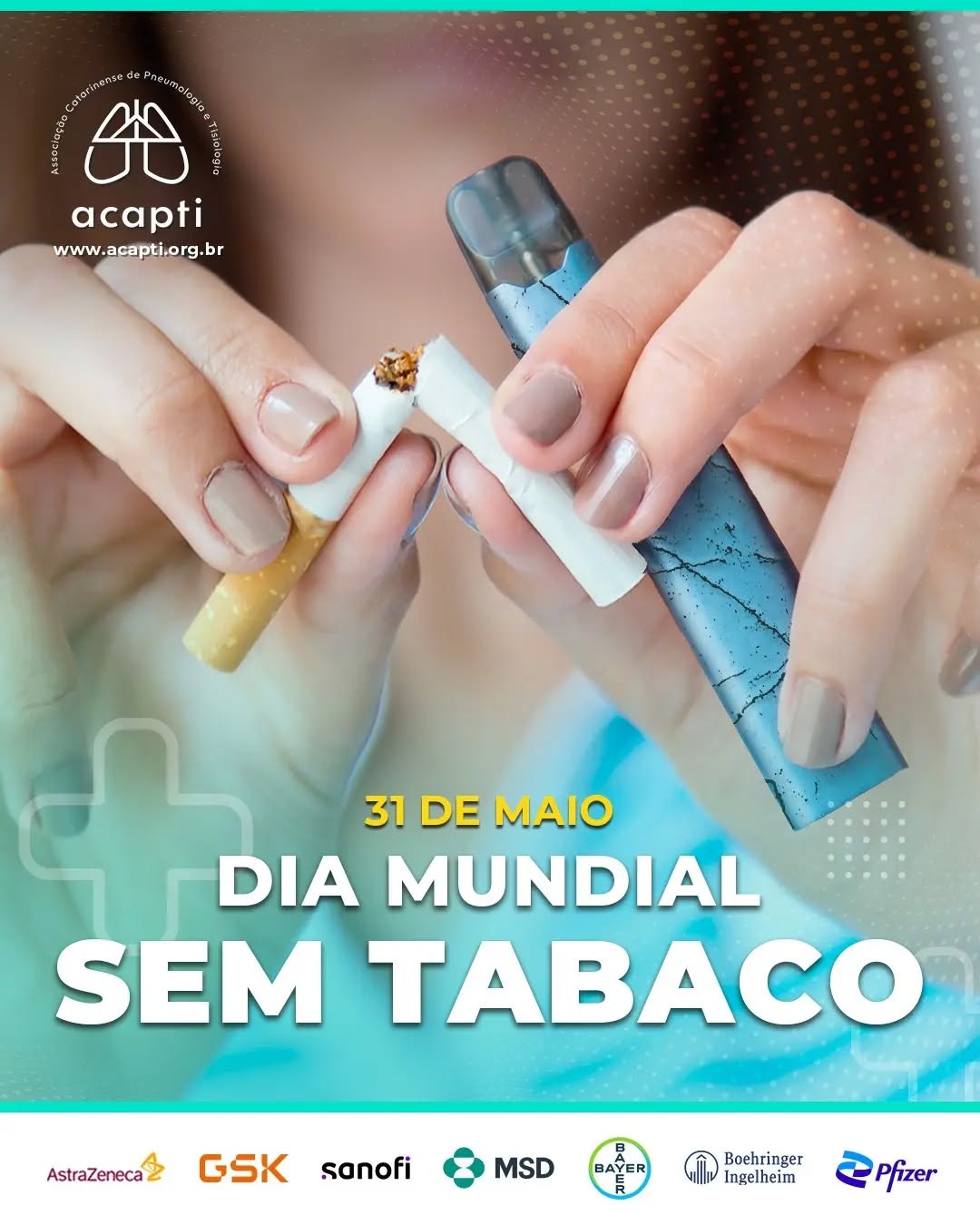 31 de Maio – Dia Mundial Sem Tabaco e Sem Nicotina
Neste ano, a campanha da OMS alerta para as estratégias da indústria do tabaco e da nicotina voltadas à atração de crianças e adolescentes. Produtos como cigarros eletrônicos, vapes e sachês de nicotina utilizam sabores, embalagens atrativas e forte divulgação digital para criar uma falsa sensação de segurança.
A ACAPTI reforça a importância da prevenção, da conscientização e da proteção das novas gerações contra os riscos da dependência química e das doenças relacionadas ao tabaco e à nicotina.
Valorize a vida. Viva sem tabaco. Viva sem nicotina.
Texto reduzido do original escrito pela Dra. Leila Steidle, texto na íntegra no site ACAPTI.