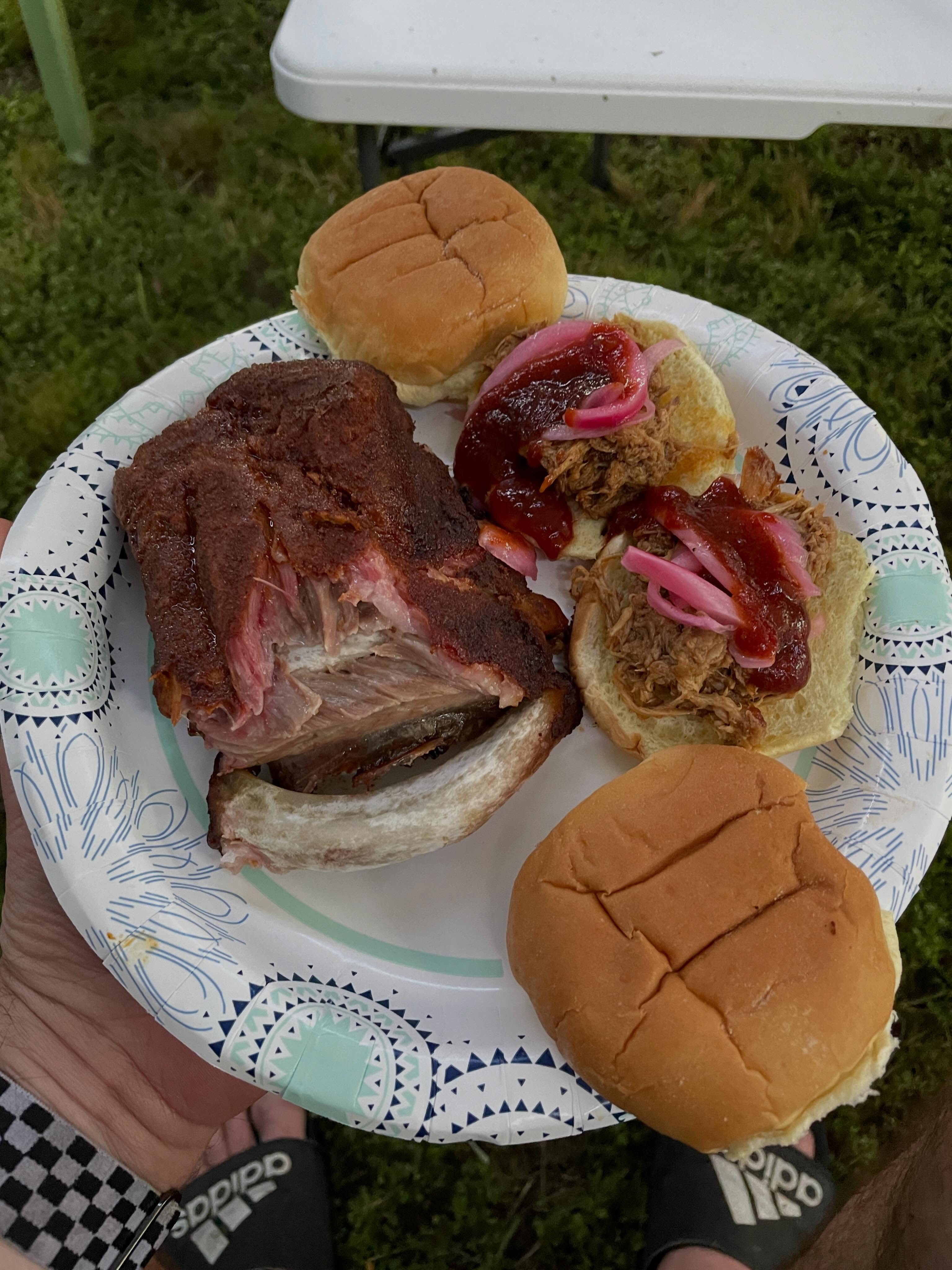 I’m at a birthday party/bbq and I wanted to give a shout out to Eric for smoking baby backs that did not need a knife, and chef Matt for making pulled pork with my Ozark ‘Q.
I supplied the sauce and pickled red onions.
Show me your Purple Chin creations…