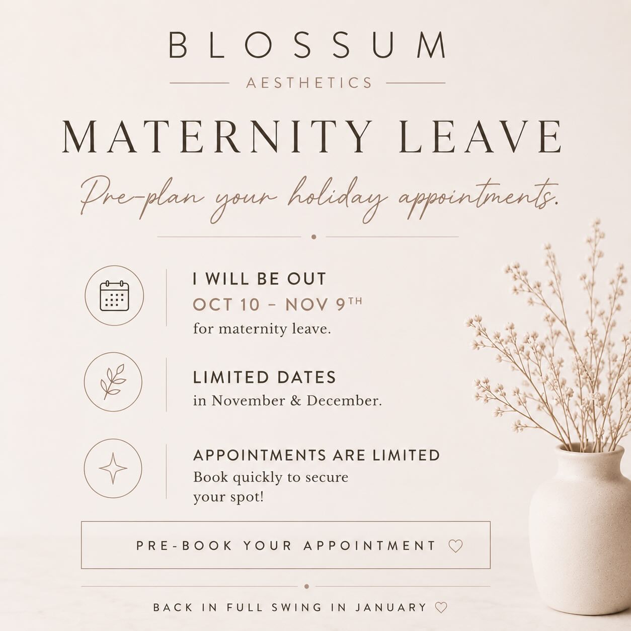 ✨ Pre-plan your Fall & Holiday appointments ✨
I have officially reached 20 weeks!
My schedule is now open through the end of the year, and with maternity leave beginning later this fall, availability for the remainder of 2026 will be extremely limited.
To ensure my current patients are well cared for and prioritized throughout the holiday season, I will not be accepting new patients after September 15th, 2026. 🤍
I will be opening a small number of appointment days in November & December before returning full-time in mid January. I also plan to add one additional treatment day during those months to help accommodate patients.
Patients who book EARLY will receive priority scheduling and will be guaranteed a spot — even if we need to reschedule you to an added day or extended schedule.
If you’ve been planning:
• Botox/Dysport before holiday parties
• Facial balancing planning
• Wedding or special event preparation
• End-of-year self-care
Now is the time to secure your appointment before the schedule is fully booked. ✨
Thank you for allowing me to be part of your aesthetic journey during this special season of life. The love and support I’ve received has been beyond anything I can imagine and I look forward to caring for you before baby arrives and again when I return in January. 🤍
📍 Raleigh, NC
📲 DM us or book online today
#RaleighMedSpa #RaleighBotox #RaleighFacials #RaleighAesthetics raleighlipfiller