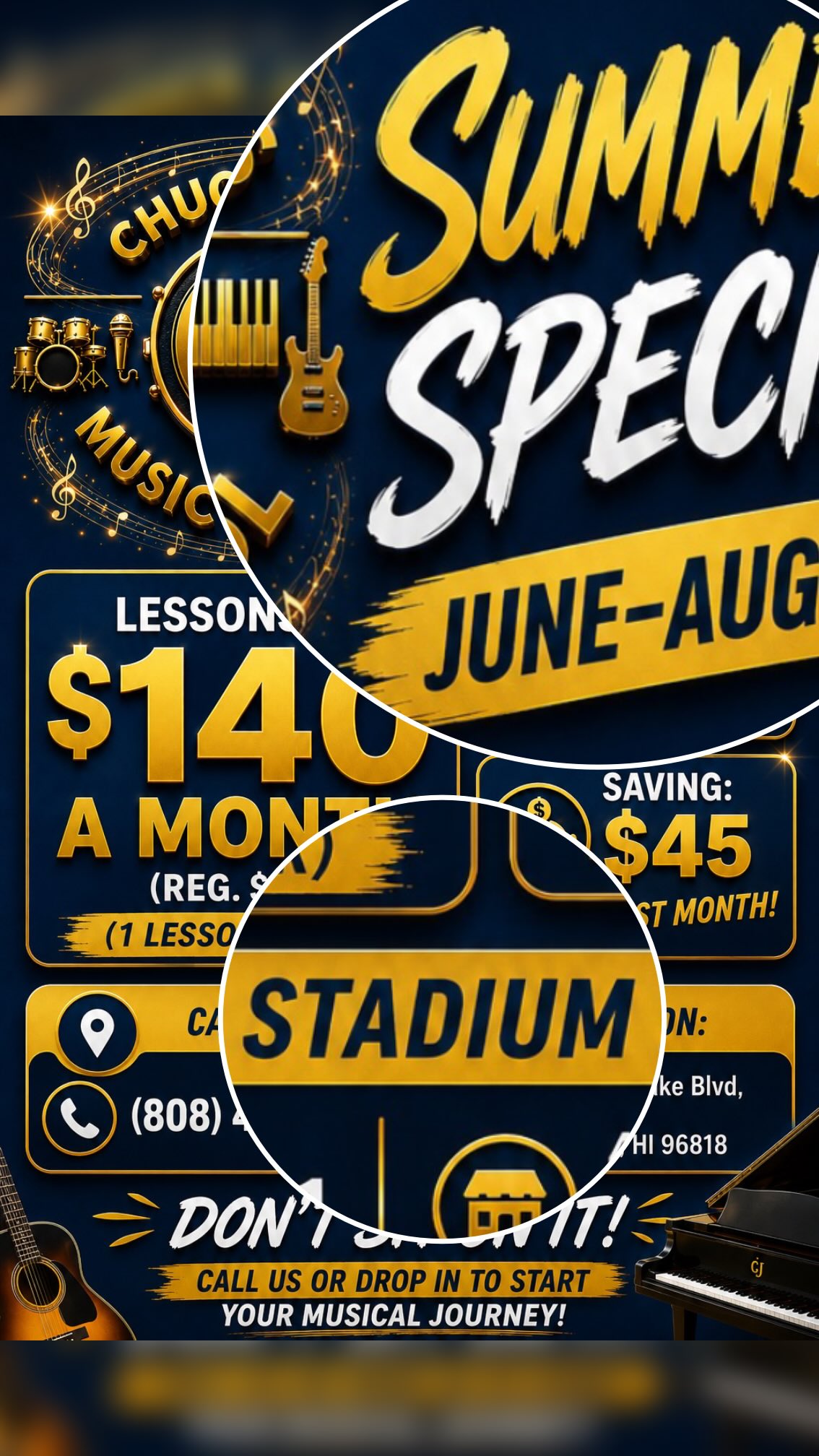 🎶☀️ SUMMER SPECIAL IS HERE! ☀️🎶
Make this summer the season you start your musical journey with Chuck James Music School!
🎵 June – August Summer Special 🎵
✅ Only $140/month (Regularly $160/month)
✅ 1 Private Lesson Per Week
✅ $25 Sign-Up Fee WAIVED
✅ Save $45 on Your First Month!
Whether you’re interested in vocals, piano, guitar, drums, or other instruments, our experienced instructors are here to help you grow your skills and confidence.
🎶 Learn. Create. Perform. Grow. 🎶
Visit our website for contact information and location details, or stop by one of our schools to inquire and get started today!
#saltlake #alohastadium #moanalua #music #oahu