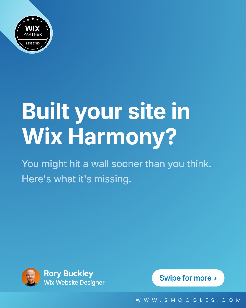 Wix Harmony is fast. It's easy. But it's missing a lot.
If you started a site in Harmony and hit a wall, here's why. And what to do next.
Swipe the carousel to see key features Harmony lacks compared to Classic and Studio.
Short version.
No CMS or dynamic pages. Every page is built by hand. No database-driven content.
No Velo. No custom code, no external APIs, no backend logic.
No custom embeds or iFrames. You're limited to Harmony-compatible apps only.
No migration path. If you outgrow Harmony, you rebuild from scratch.
Harmony is great for the right sites. The question is whether it's right for yours.
If you need any of the things above, it probably isn't. The sooner you know, the less rebuilding you'll face.
What editor are you building on right now?