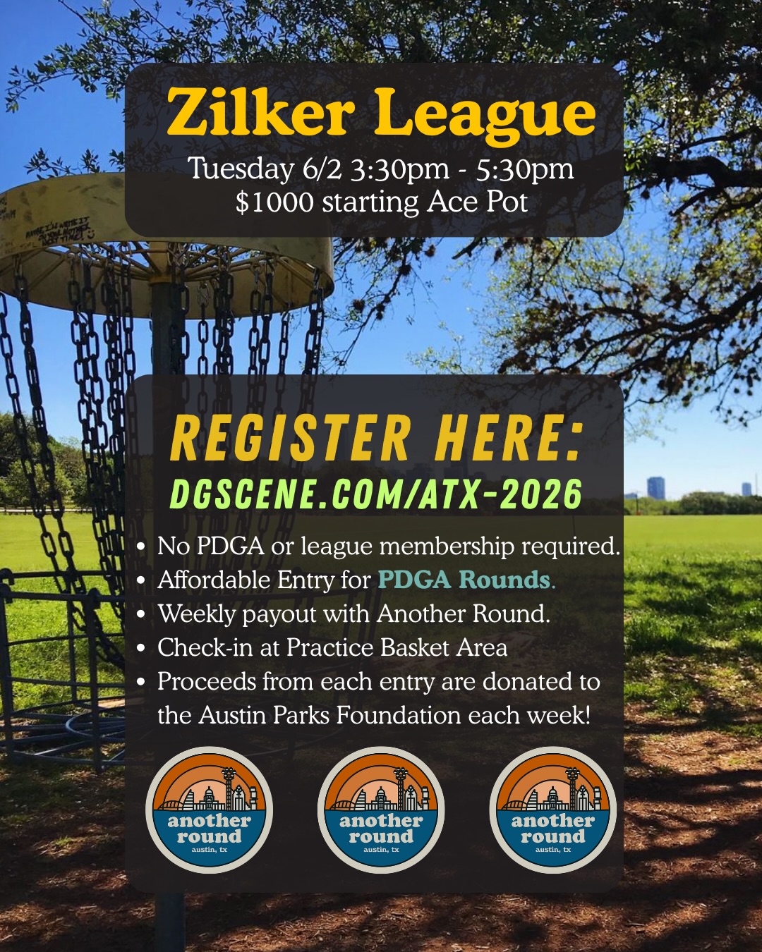 Austin Summer League is here! Today kicks off week one at Zilker Park, flex start from 3:30-5:30.
$10 PDGA rated rounds, weekly payouts and a rolling ace pot traveling all over Austin!
Sign up on DiscGolfscene, we’ll see you on the course!