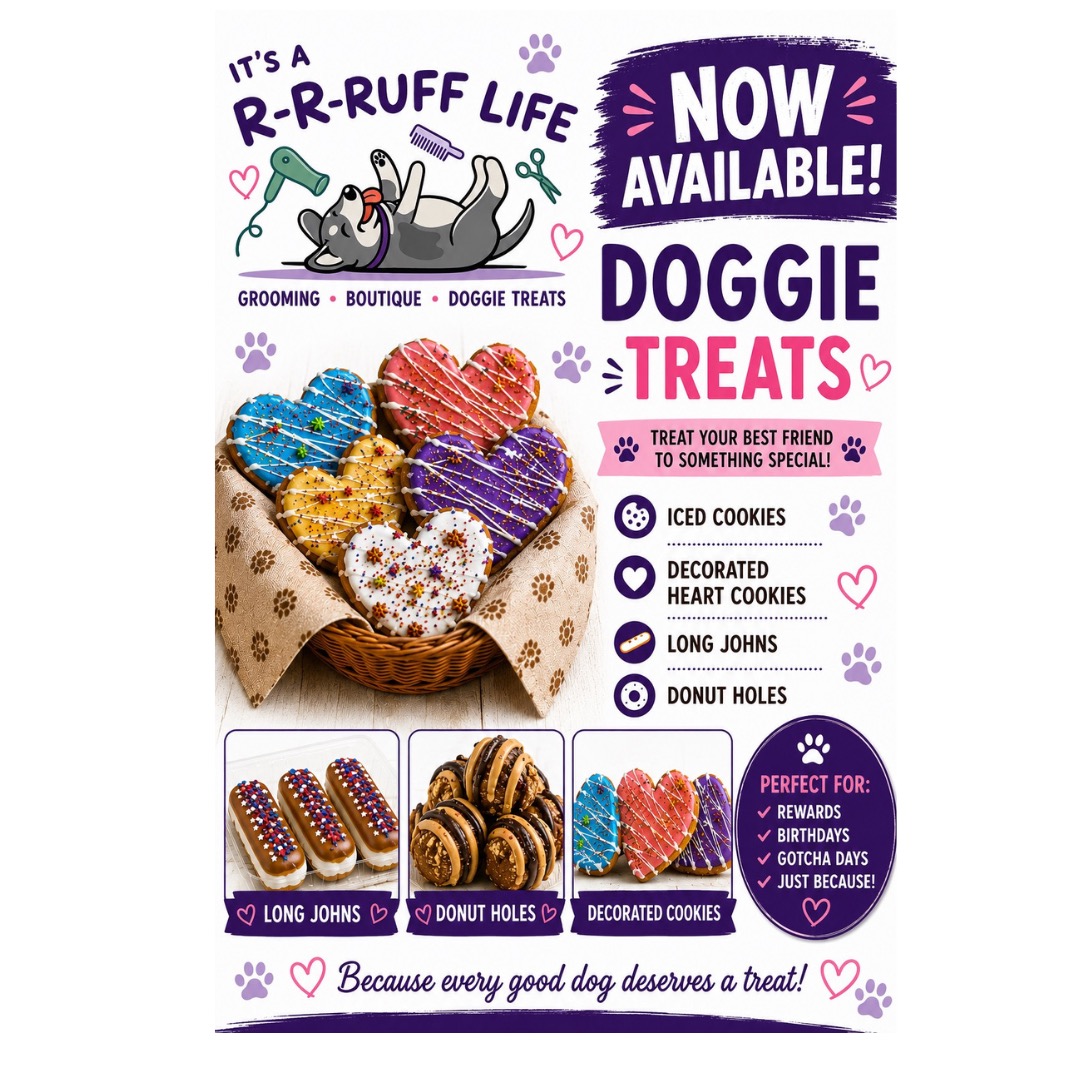 Exciting News!
We now carry a variety of doggie treats in our boutique, including:
🍩 Long Johns
🍩 Donut Holes
❤️ Decorated Cookies
Pick one up during your next grooming appointment or stop by to browse our boutique.
Your baby will thank you!