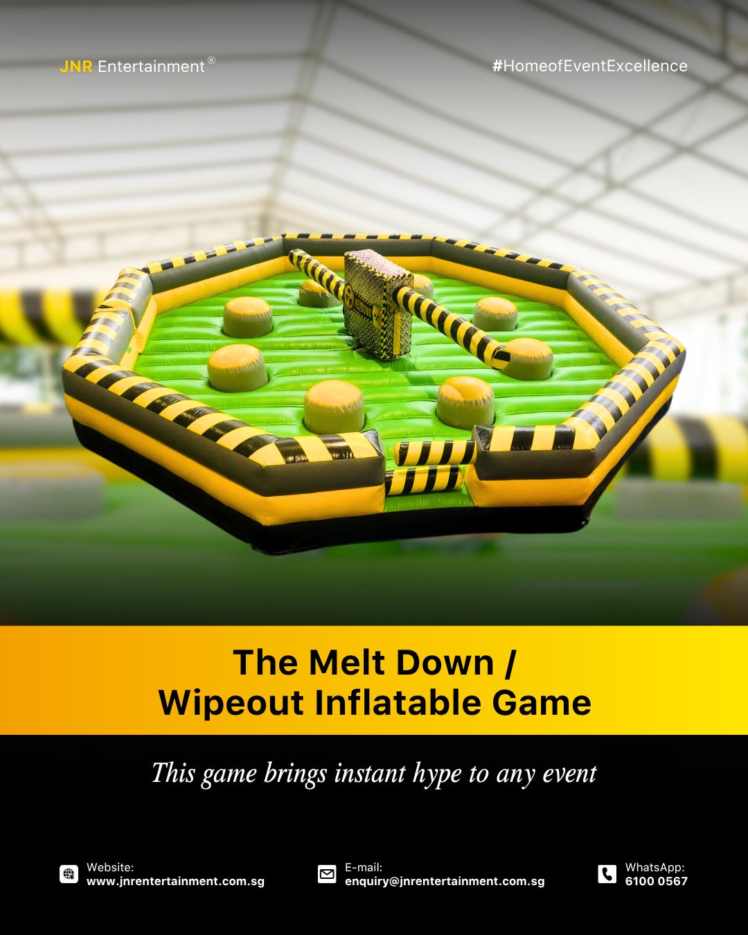 The ultimate test of balance, speed, and agility! Players must jump, dodge, and stay on their feet as rotating obstacles sweep across the inflatable arena, creating nonstop excitement and laughter. 🔥
Perfect for family days, carnivals, team-building events, and celebrations, this interactive attraction keeps guests engaged and entertained from start to finish. A crowd-favorite challenge that brings energy, friendly competition, and unforgettable fun to every event. 🎉
✉️ enquiry@jnrentertainment.com.sg
📱 61000 567
🔗 www.jnrentertainment.com.sg
#EventGamesSingapore #CarnivalGames #FamilyDayEvents #EventEntertainment #JNRentertainment