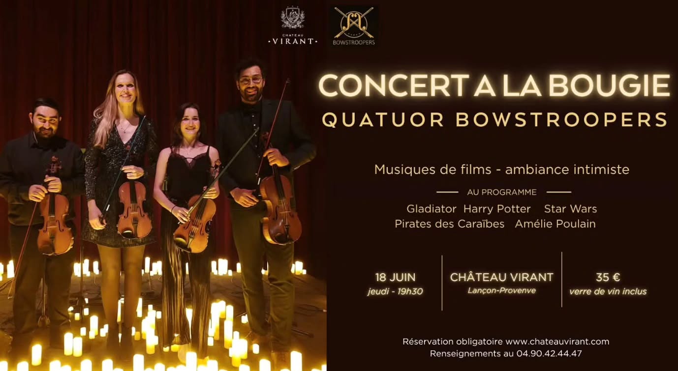 😍 Notre prochain concert ! ✨️
📅 Jeudi 18 juin
📍 @chateauvirant
🕢 Ouverture des portes : 19h30
🎻 Concert : 21h - durée 1h30
🎵 Musiques de films
🍷 35€ avec verre de vin inclus
🌮 Restauration possible sur place
🎟 Lien billetterie dans la bio
Plongez dans les musiques de vos films préférés dans un cadre exceptionnel ☺️
---------
#concert #concertàlabougie #violon #quatuor
#concertprovence
Concert à la bougie | Musiques de films | quatuor violon alto | vin et musique | concert d'été