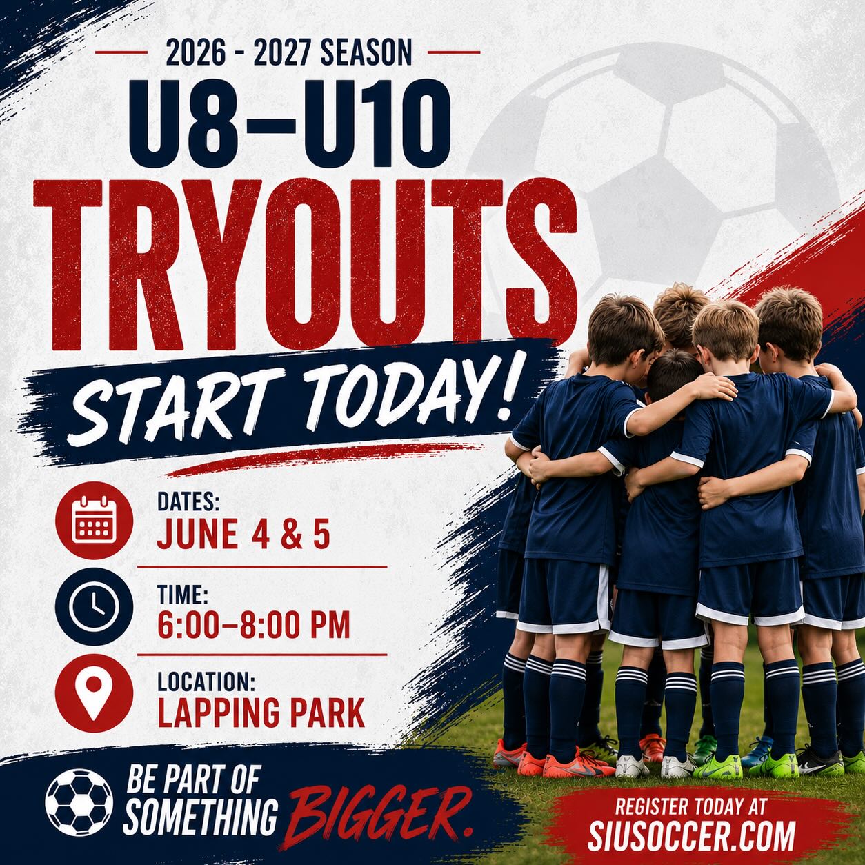 ⚽️ TRYOUTS START TODAY! ⚽️
The wait is over! Southern Indiana United Travel Program Tryouts for our U8–U10 players kick off tonight, and we can’t wait to see everyone on the field!
📅 Dates: June 4 & 5
⏰ Time: 6:00–8:00 PM
📍 Location: Lapping Park
Whether you’re returning to SIU or looking for a new soccer home, this is your opportunity to be part of a club focused on player development, competitive growth, and a family-first culture.
❤️💙 Come show us your passion, effort, and love for the game!
Not registered yet? There’s still time!
Link in our bio.