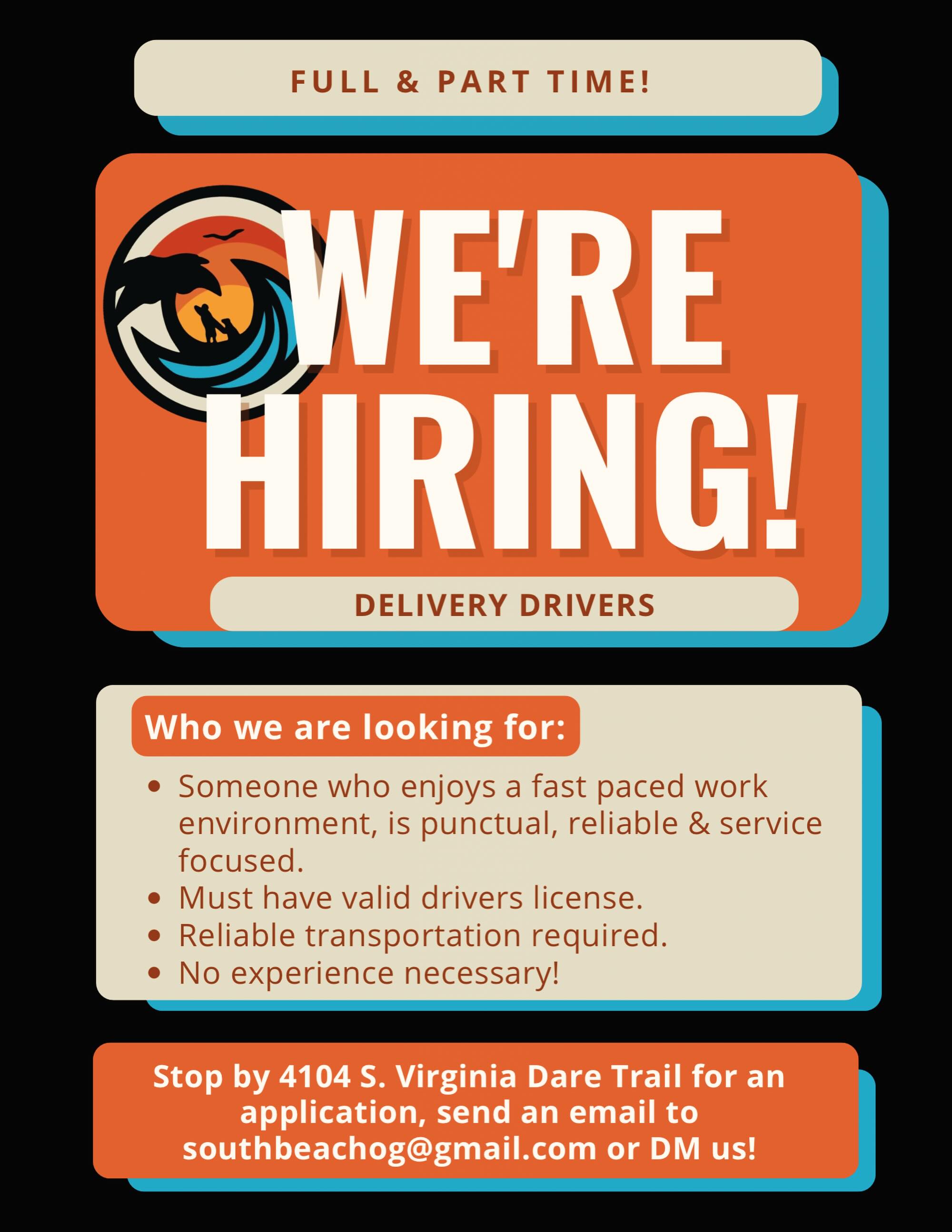 👀Still looking for your summer job?☀️Come on down to South Beach! We’re hiring delivery drivers! 🚗💨We are a fast paced takeout spot with flexible scheduling & hours, competitive pay, employee discounts, & more! All delivery tips are yours to keep PLUS additional tip out. Stop by & fill out an application at 4104 S. Virginia Dare Trail in the Surfside Plaza, send an email to southbeachog@gmail.com or send us a message! We can’t wait to meet you!