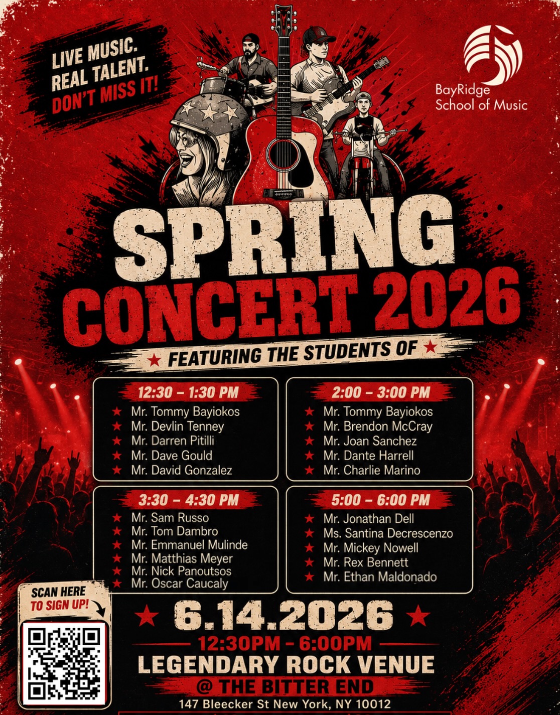 Last chance to sign up for spring concert at the legendary bitter end where Taylor swift, Bruce Springsteen and so many music legends got their start! Check your emails for signup sheet, deadline is this Friday at 10pm, only 5 spots left, act fast!!