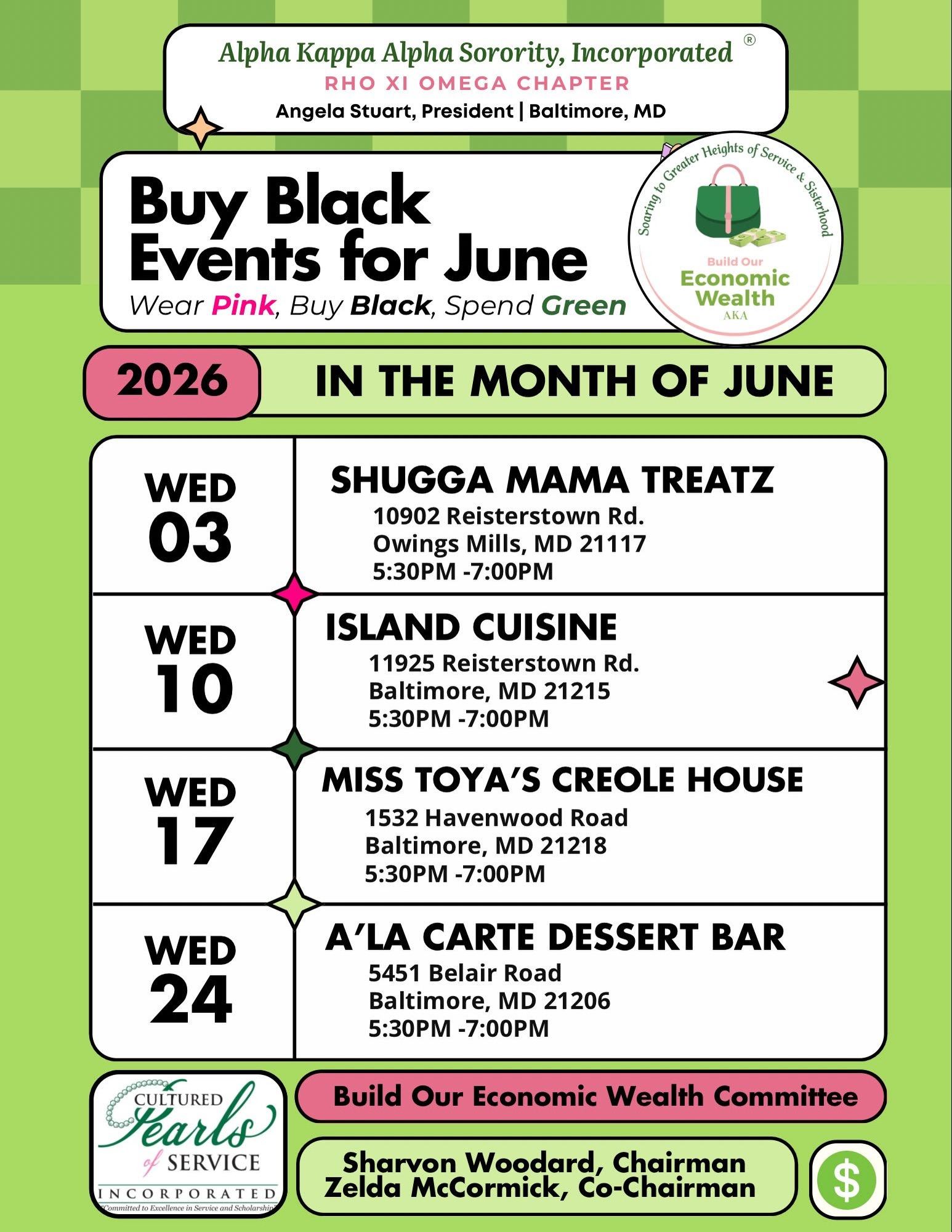 Every June, AKA RXO proudly commits to Wearing Pink ๐, Buying Black ๐ค, Spending Green ๐ธ, as we celebrate and support Black-owned โ๐พ businesses in our community.
Each Friday this month, the Build Our Economic Wealth Committee will host a pop-up at a local Black-owned business, and weโre kicking things off with an incredible family-owned gem!
Join us tomorrow at Shugga Mama Treatz, owned by Soror Dawn Faulks, a Black-owned family business and the only family-owned shaved ice stand in Owings Mills. ๐งโจ
Be sure to cool off with โWealth on Ice,โ a special frozen treat created exclusively for the Build Our Economic Wealth Committeeโs Buy Black Initiative and available for purchase tomorrow only!
Come out, support local, and help us build economic wealth one purchase at a time. We canโt wait to see you there!
#BuyBlackSpendGreenWearPink #BuildOurEconomicWealth #SupportBlackBusiness #AKA1908 #rxo1988