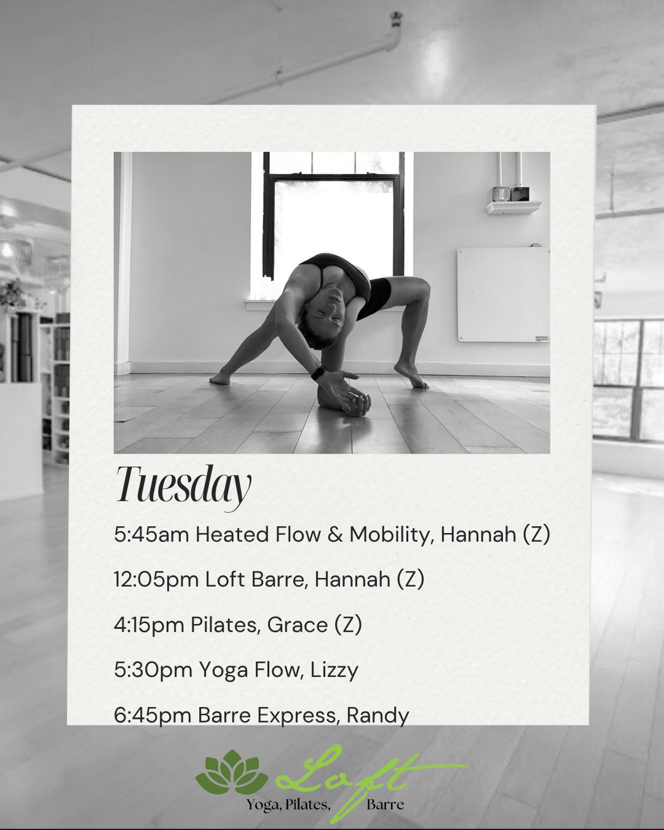 🌱Tuesday Classes🌱
5:45am Heated Flow & Mobility with Hannah (Z)
12:05pm Loft Barre with Hannah (Z)
4:15pm Mat Pilates with Grace (Z)
5:30pm Yoga Flow with Lizzy
6:45pm Barre Express with Randy
Classes with a (Z) also available through Zoom.