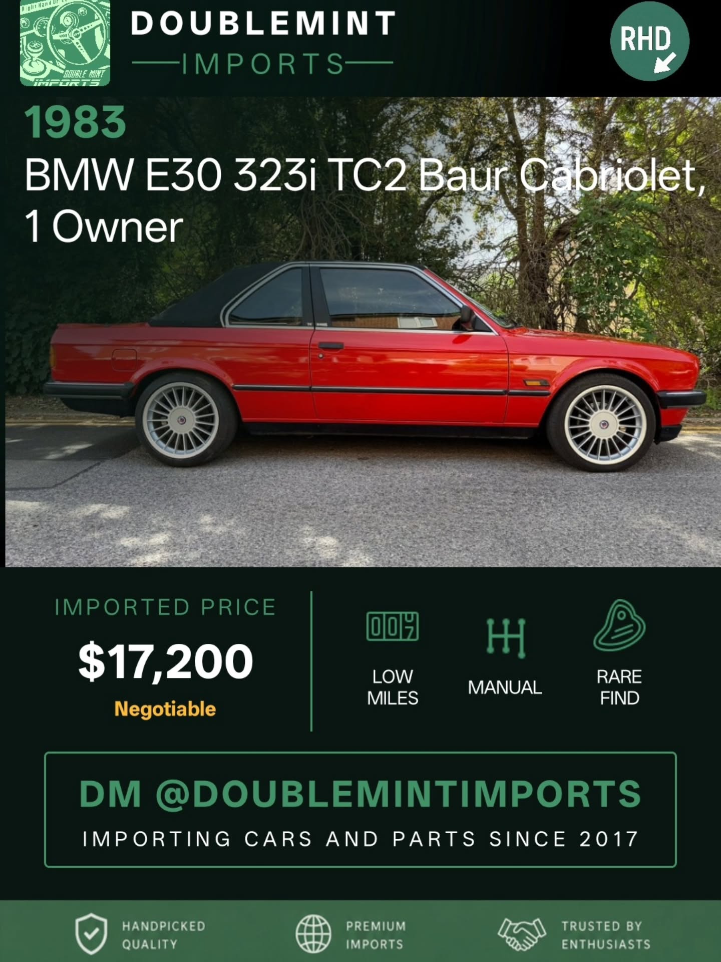 Now available:
1983 BMW E30 323i TC2 Baur Cabriolet, 1 Owner
📍 Mileage: 87800 miles
This rare early-production 1983 BMW E30 323i Baur TC2 is finished in Hennarot, Henna Red, and powered by BMW’s 2. 3 litre M20 straight-six engine, producing 150 bhp. Factory-prepared by BMW for convertible conversion under option code S829 before completion by Karosserie Baur, it combines the rigidity and character of an early E30 with the distinctive open-air appeal of the Baur roof system. From new, it was also specified with electric windows and power-assisted steering. The car is now registered as a Historic Vehicle, making it MOT and road tax exempt, and it should also benefit from affordable classic car insurance. Provenance and Dealer History: The car was originally supplied by Ashdown Garage Services Limited, a BMW main dealer that later became Munich Legends. Its original service book is still present, recording the pre-delivery inspection, running-in service, and multiple dealer stamps from the supplying dealer. Munich Legends have since confirmed the Ashdown Garage connection and kindly supplied branded front and rear number plates after being given copies of original Ashdown Garage correspondence documenting their transition from BMW main dealer to independent BMW specialist. Ownership History: One of the most compelling aspects of this car is its ownership history. The original owner kept it for approximately 43 years, and the current V5C, now in my name, records just one previous keeper from new. For a 1983 classic, that is an exceptional history. Another reassuring detail is that a single key operates every lock on the car, including the ignition, doors, boot, and fuel cap, something that is often no longer..MORE INFO
💰 Shipped Price (UK → NY): $17,200
✅ Includes ALL fees:
• USD conversion ($13,693)
• Shipping
• US Customs
• UK taxes
• Admin fees
⚡ Inventory moves FAST. Serious buyers only.
🔎 Want to search your own cars? Link in bio.
📩 DM us for full details, walkaround videos, shipping info, and availability.
📧 Email: info@doublemintimports.com
🌐 Visit: www.doublemintimports.com
"Life is too short for boring cars."
#bmw #e30 #323i #tc2 #baur