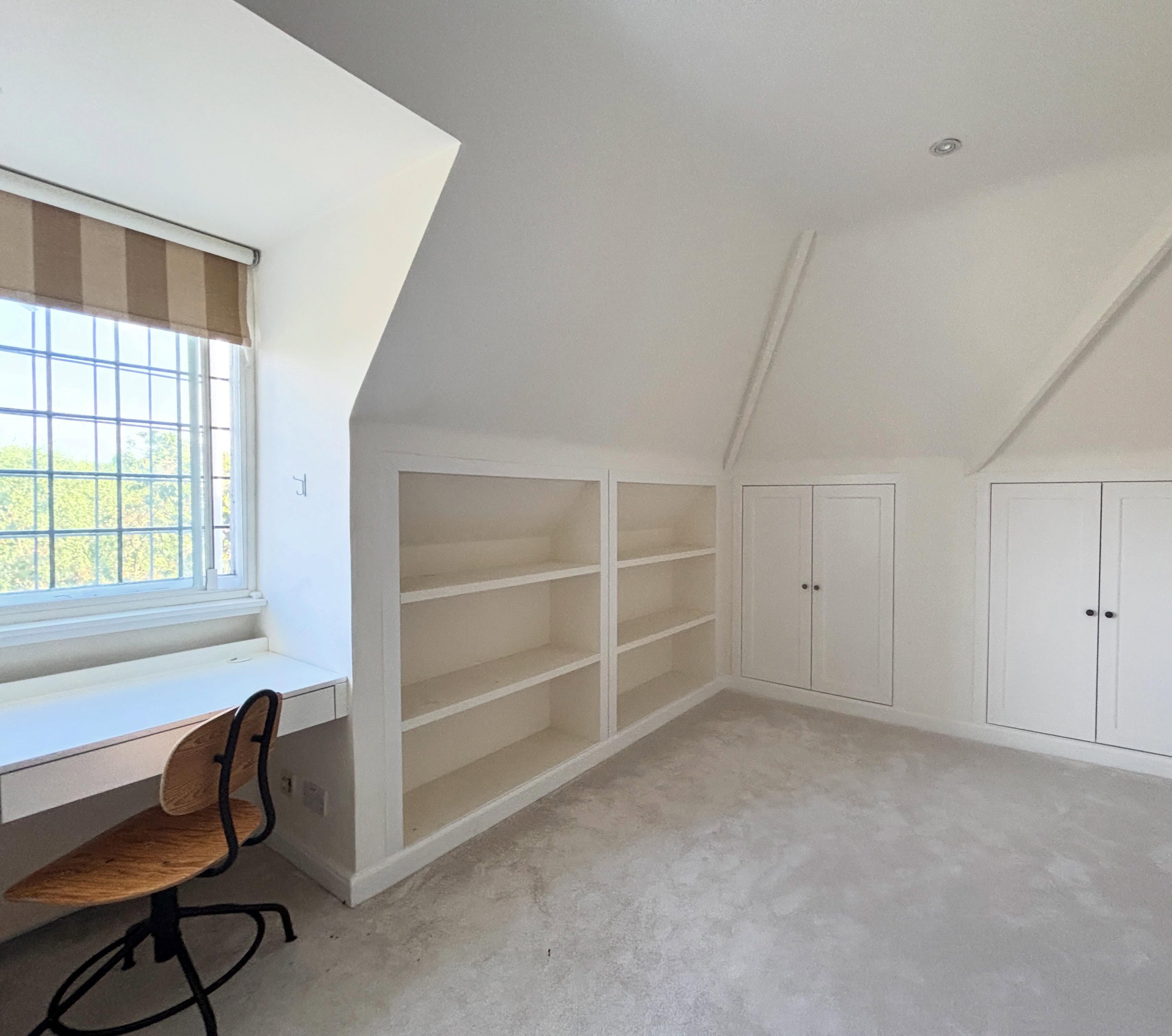Desk, Shelves and wardrobe design for a loft level in Bigwood court flat. #fitted #joinerydesign