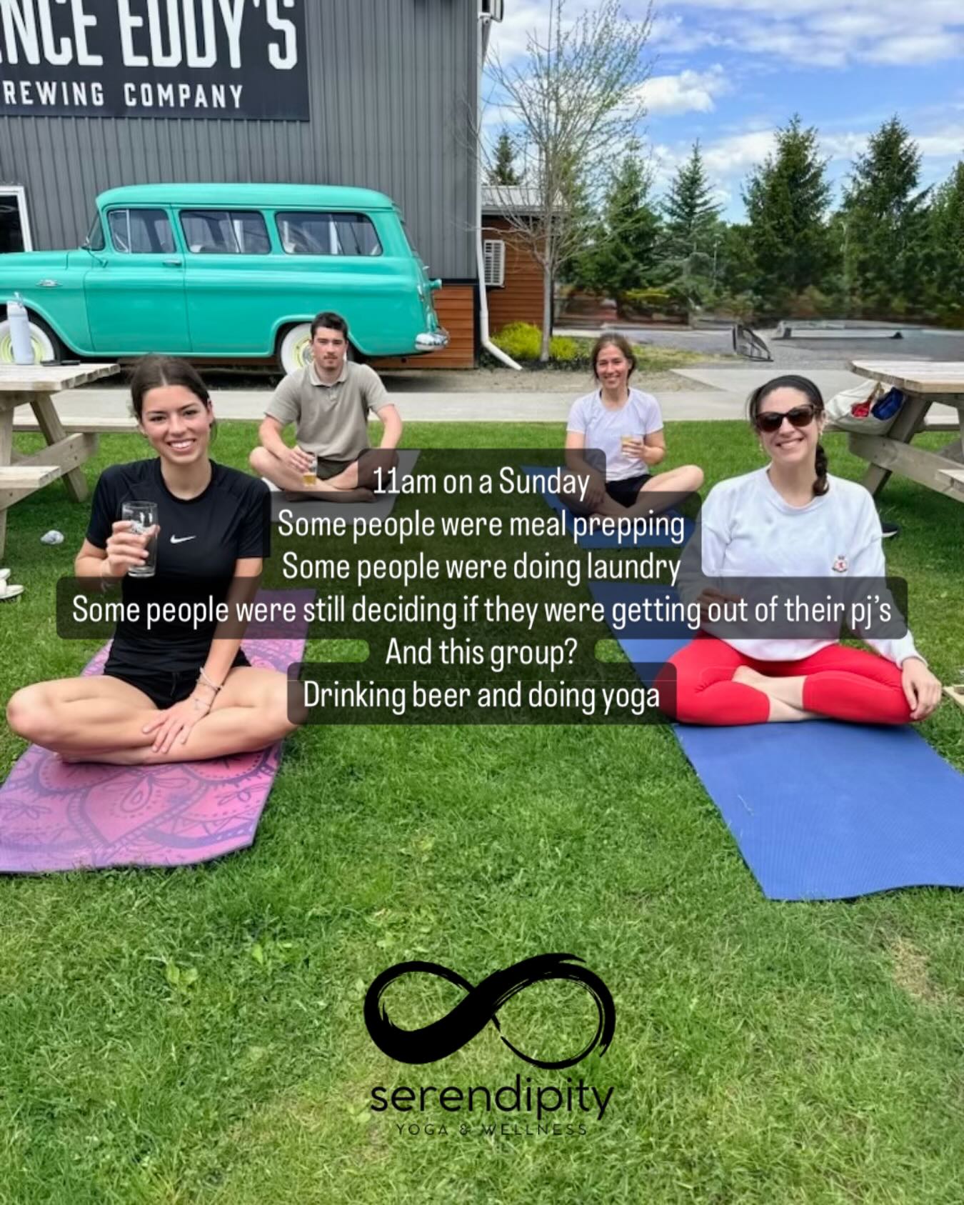11am on a Sunday.
Some people were meal prepping.
Some people were doing laundry.
Some people were still deciding if they were getting out of their pajamas.
And this group?
They were drinking beer and doing yoga on the grass.
Not before yoga.
Not after yoga.
During yoga.
There is something incredibly entertaining about holding Warrior II with a pint in your hand and realizing wellness doesnât always have to look so serious.
Todayâs Yoga on Tap at Prince Eddyâs was full of sunshine, fresh air, movement, laughter, and a few very creative balancing strategies.
A reminder that sometimes the best thing you can do for yourself isnât another item on your to do list.
Sometimes itâs saying yes to something that makes absolutely no sense on paper but leaves you feeling lighter when itâs over.
If youâve been curious about Yoga on Tap, send me a DM.
I promise you donât need to be good at yoga.
Being willing to laugh at yourself is much more important.
#serendipityyoga