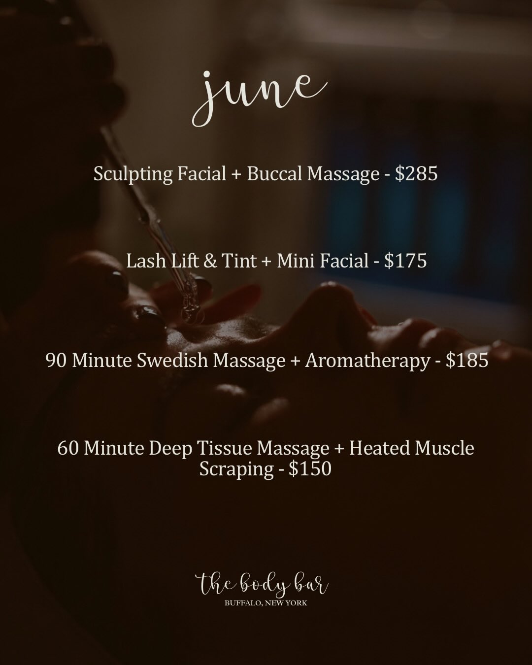 Happy June ☀️🍉 Our specials are in!
Sculpting Facial with Buccal Massage: Take your sculpting facial to the next level with the addition of buccal massage — an advanced intraoral massage technique designed to release deep tension held within the cheeks, jaw, and facial muscles. This powerful enhancement works from both inside and outside the mouth to sculpt facial contours, soften tightness, improve circulation, and encourage natural lift and definition. Combined with our signature sculpting techniques, lymphatic drainage, CBD, and microcurrent, this treatment leaves the face visibly refreshed, depuffed, and glowing from within.
Lash Lift & Tint + Mini Facial: Enhance your natural lashes while giving your skin a quick refresh. This treatment lifts and tints lashes for a darker, longer-looking effect, paired with a mini facial to cleanse, exfoliate, and boost your glow—perfect for a low-maintenance, polished look.
90 Minute Swedish Massage with Aromatherapy: Unwind with a full-body Swedish massage designed to relax muscles, improve circulation, and melt away tension. Enhanced with personalized aromatherapy, this soothing experience calms the mind, eases stress, and leaves you feeling balanced and refreshed.
Deep Tissue + Heated Muscle Scraping
Experience a deeper level of relief with our 60-minute Deep Tissue Massage enhanced with the away heated muscle scraping tool. This treatment combines targeted deep tissue techniques with soothing heat and muscle scraping to help release tension, support circulation, and ease areas of tightness or discomfort. The warmth of the tool allows the muscles to soften, while the scraping technique helps encourage mobility and recovery. Perfect for guests who carry tension in the neck, shoulders, back, or hips, or anyone looking for a more therapeutic, restorative session.
We look forward to seeing you soon! 🫶🏻