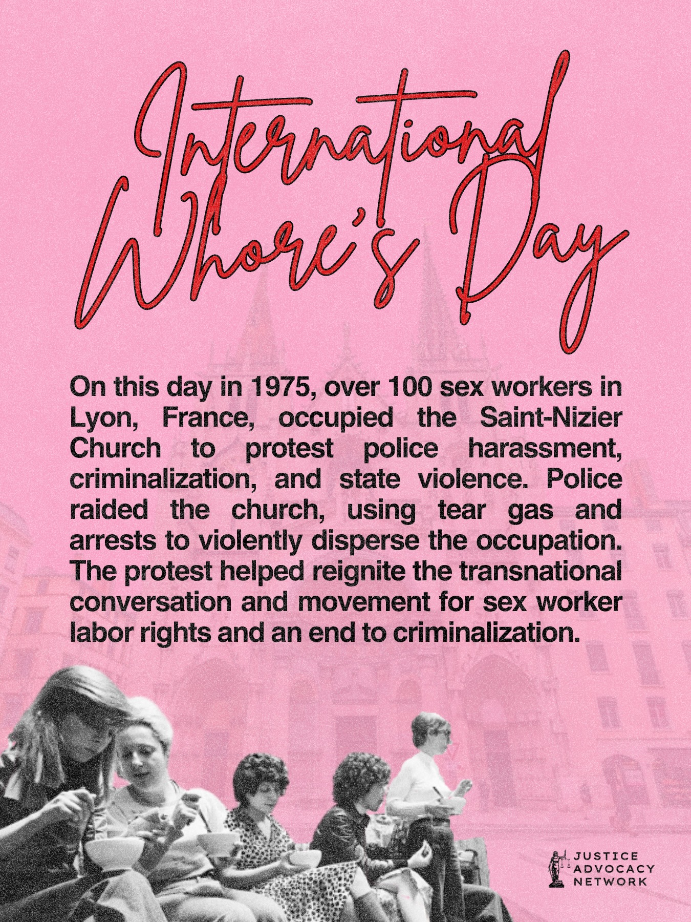 On this day in 1975, over 100 s3x workers in Lyon, France, occupied the Saint-Nizier Church to protest police harassment, criminalization, and state violence. Police raided the church, using tear gas and arrests to violently disperse the occupation. The protest helped reignite the transnational conversation and movement for s3x worker labor rights and an end to criminalization.
LGBTQIA2S+ s3x workers face some of the highest rates of violence, policing, and housing insecurity. Many rely on criminalized economies after being denied jobs, housing, or healthcare simply because of who they are.
From Stonewall to street-based mutual aid, queer and trans s3x workers have resisted criminalization, poverty, and exclusion while building care networks and pushing movements forward. On International Wh0re’s Day and everyday we honor s3x worker contributions, leadership, humanity, and their right to live without violence, stigma, and criminalization.