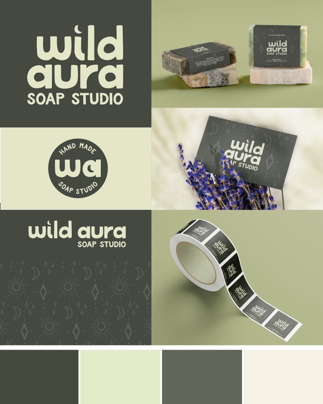 Wild Aura Soap Studio has been designed to embody a natural, grounded, and authentic personality. The brand balances rustic charm with modern simplicity, creating a visual identity that feels handcrafted, calming, and connected to nature.
The overall aesthetic reflects the client’s vision of an earthy and organic soap brand while maintaining a clean, professional appearance that appeals to modern consumers.
Brand Personality
The Wild Aura Soap Studio brand can be described as:
🌿 Earthy
🌿 Natural
🌿 Handcrafted
🌿 Grounded
🌿 Authentic
🌿 Calming
🌿 Rustic
🌿 Simple
🌿 Modern Organic
I enjoyed creating this branding and collateral for Wild Aura Soap Studio.