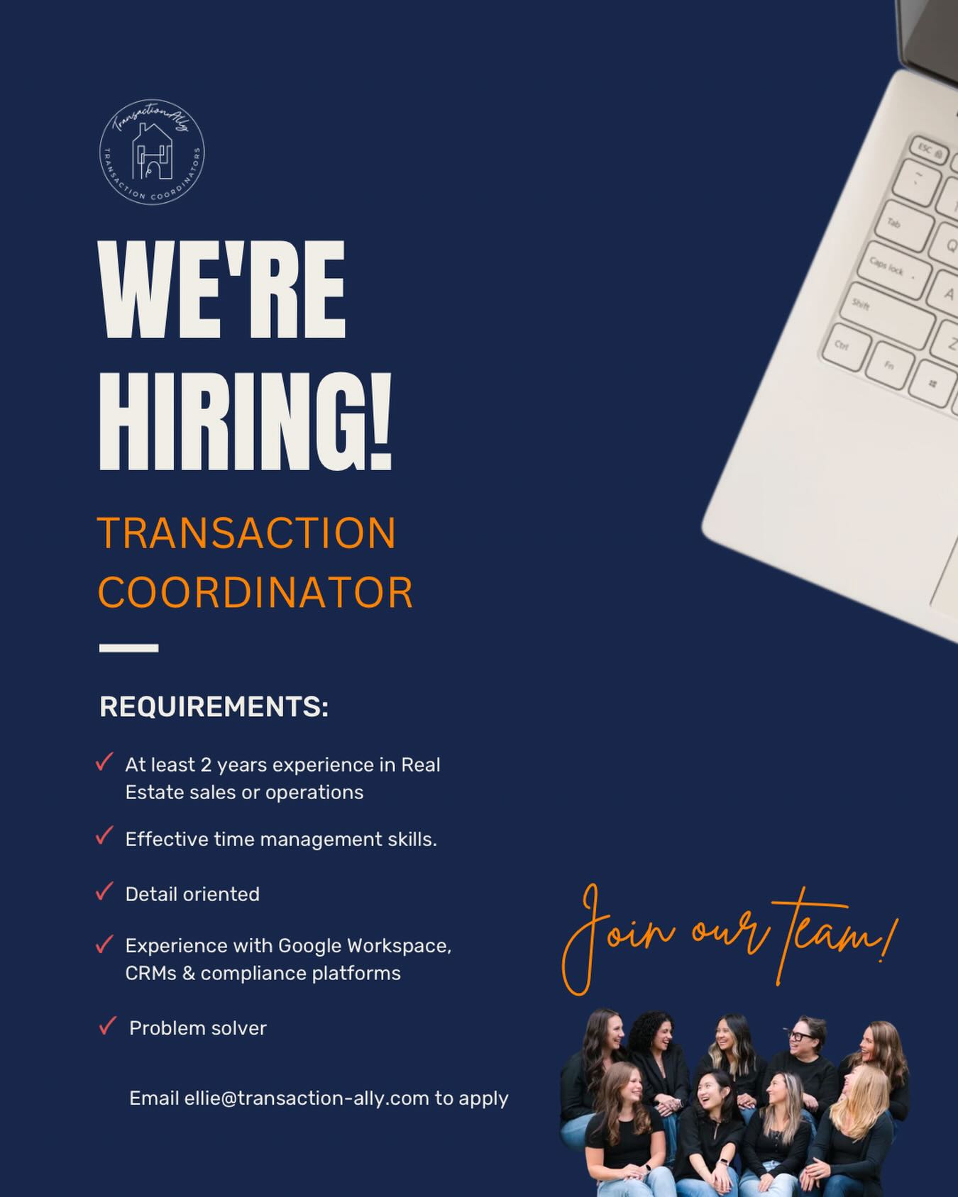 Are you passionate about real estate and looking for an opportunity to be part of an amazing team? We’re currently seeking a Transaction Coordinator who has real estate or operations experience and is ready to dive in. If you’re organized, detail-oriented, proactive, and enjoy working with people, this could be the perfect fit! We’re looking for someone who wants to grow with a supportive team that knows how to work hard and have fun along the way. ✨🏠
Send us a message to learn more—or email ellie@transaction-ally.com!
