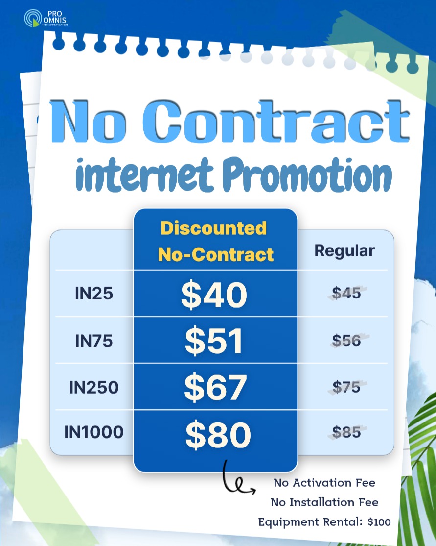 ๐PRO OMNIS No-Contract Internet Promotion
Starting June 2026!โจ
No lock-in.
No hidden fees.
Just fast internet at a price you'll love. ๐
โ
Zero sign-up & installation fee
โ
No contract โ cancel anytime
โ
Affordable monthly rates
๐ถ Plans at a glance:
IN25 โ $40/mo (reg. $45)
IN75 โ $51/mo (reg. $56)
IN250 โ $67/mo (reg. $75)
IN1000 โ $80/mo (reg. $85)
๐ง info@proomnis.ca
๐ป www.proomnistelecom.ca
๐ก Full T&Cs apply.
#ProOmnis #NoContract #InternetPromotion #VancouverInternet #Burnaby #InternetDeals #NewPromo