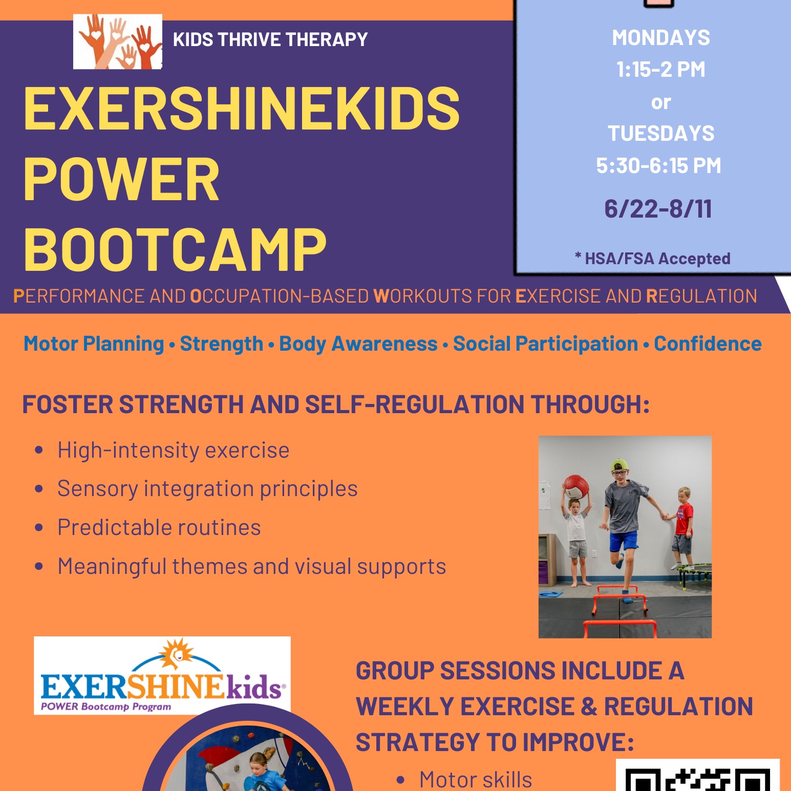 ๐Back by popular demand
KTT is hosting another round of our EXERSHINEkids Power Bootcamp. Check out details on our website and register as spots will fill quickly!
Daytime and Evening hours offered
https://www.kthriveot.com/exershinekids
Feel free to call our office to learn more!