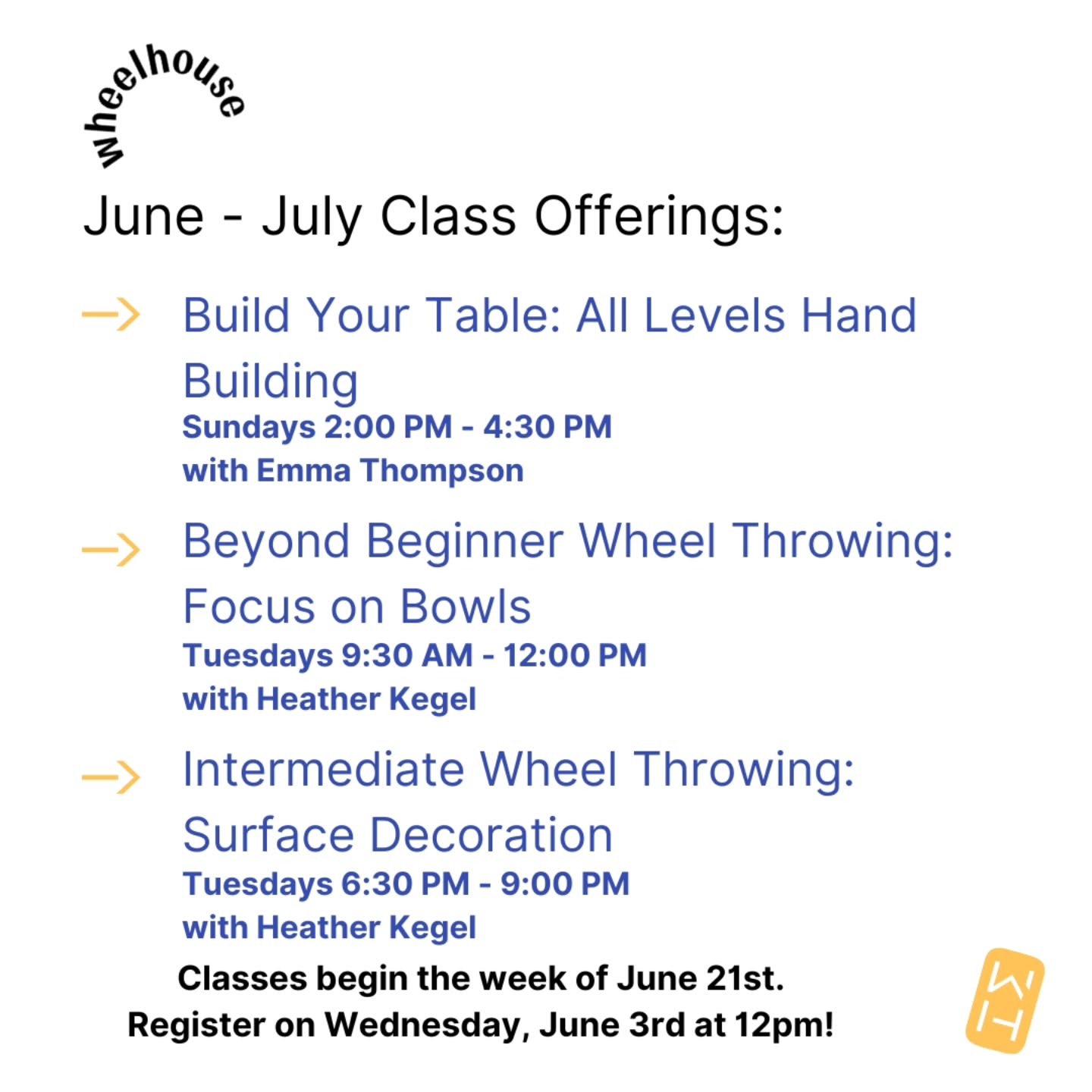 š Registration is TODAY at noon! š
.
We have a really fun line up of classes for the upcoming summer session! Beat the heat with creativity (and AC) at our community pottery studio! What class will you choose?