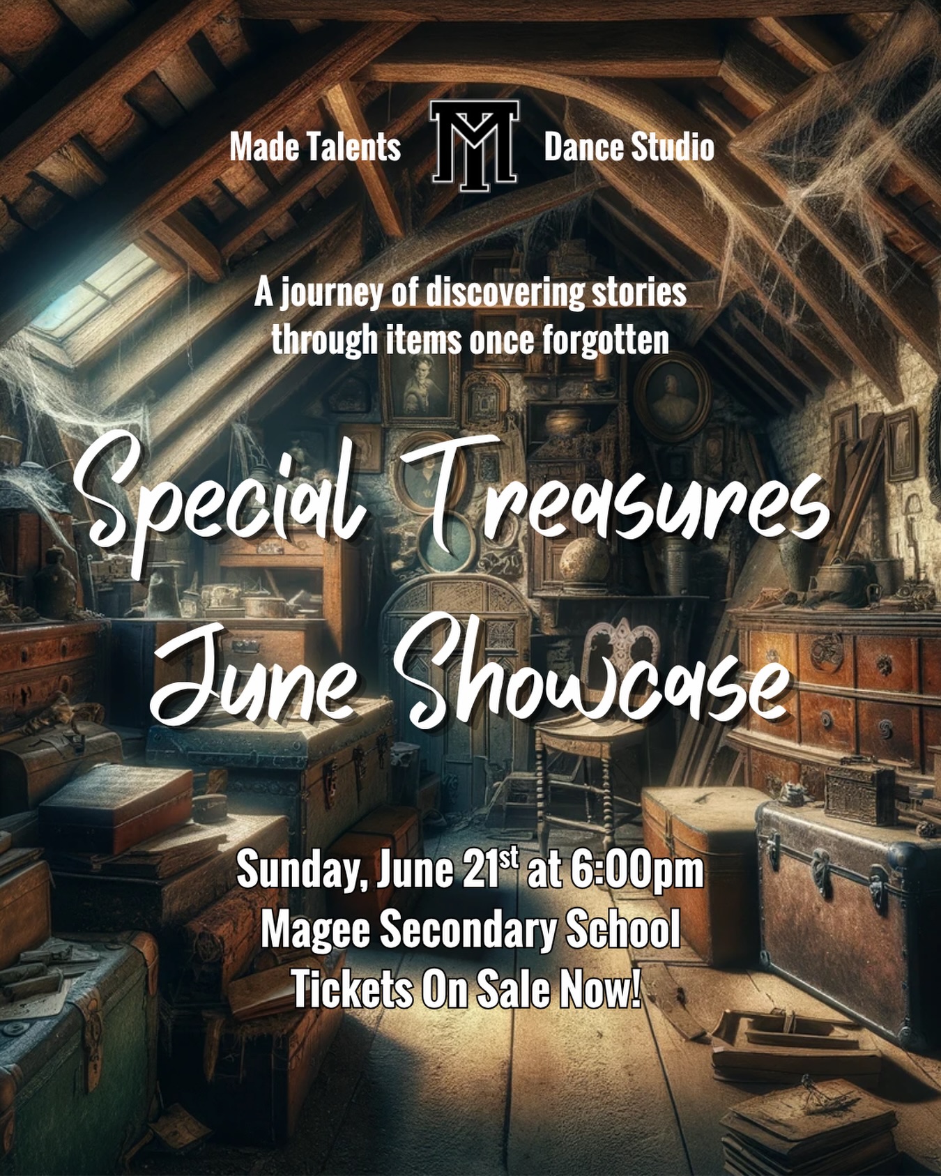 The time has come! Made Talents is proud to present our year-end showcase “Special Treasures,” a journey of discovery, recollection, and connection through items stored away. Come along for the ride, and share in the hard work and dedication of our dancers! Here are the details:
🗓️ Sunday, June 21st
📍 Magee Secondary school
⏰ Doors at 5:30pm
For more info & to purchase tickets, click the link in our bio. We can’t wait to see you there!
.
.
.
#madetalents #vancouverdance #showcase #vancouverkidsclasses