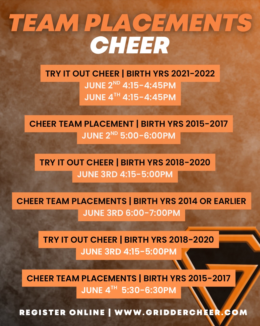 Were you unable to make team placements last week?
We’ve added a few more placement opportunities this week for anyone who has been thinking about joining Cheer or Pom for the 2026–27 season!
Register online and come be part of an amazing season ahead🧡
🔗Link in bio or register online www.griddercheer.com
#sask#cheer#cheerseason#newseason#griddergym