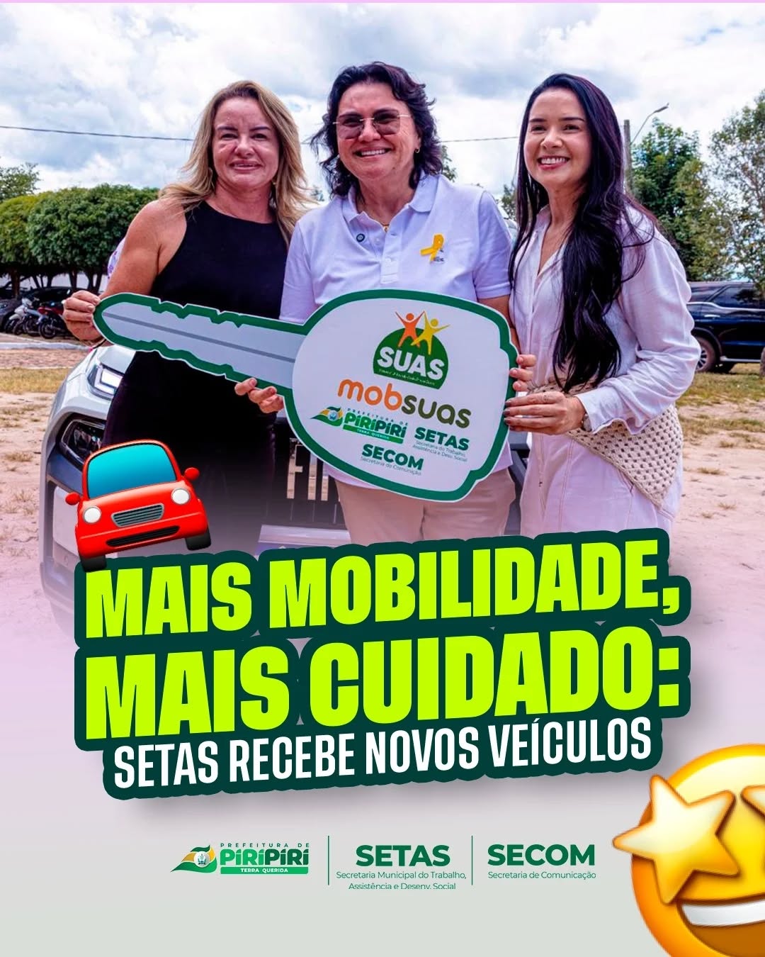 Mais mobilidade, mais cuidado: SETAS recebe novos veículos
A Prefeitura Municipal de Piripiri, por meio da Secretaria do Trabalho, Assistência e Desenvolvimento Social (SETAS), realizou nesta sexta-feira (29) a entrega de uma van e de uma caminhonete Fiat Toro que irão reforçar os serviços prestados pela rede socioassistencial do município.
Os novos veículos serão utilizados no atendimento às demandas dos Centros de Referência de Assistência Social (CRAS), do Centro de Referência Especializado de Assistência Social (CREAS) e demais setores da assistência social, garantindo mais agilidade, mobilidade e eficiência no acompanhamento das famílias atendidas.
A prefeita Jôve Oliveira Monteiro destacou a importância do investimento para o fortalecimento da assistência social e para a melhoria dos serviços ofertados à população.
“Estamos cumprindo uma missão de cuidar das pessoas. Esses dois veículos serão fundamentais para auxiliar no atendimento aos idosos, às pessoas com deficiência e a todos que necessitam dos serviços oferecidos pela assistência social, facilitando o deslocamento e garantindo mais eficiência nas ações desenvolvidas”, afirmou.
A secretária da SETAS, Elaine Melo, ressaltou que os novos veículos contribuirão diretamente para ampliar a capacidade de atendimento da rede socioassistencial do município.
“A van está destinada aos CRAS e a outros departamentos da secretaria. Já a Fiat Toro será utilizada exclusivamente pelo CREAS. Agradeço a parceria com os governos Federal e Estadual e o empenho da prefeita Jôve Oliveira em fortalecer cada vez mais a estrutura da SETAS”, destacou.
Com a entrega dos novos veículos, a Prefeitura de Piripiri reforça seu compromisso com o fortalecimento das políticas públicas de assistência social, oferecendo melhores condições de trabalho às equipes e mais qualidade no atendimento prestado às famílias piripirienses.